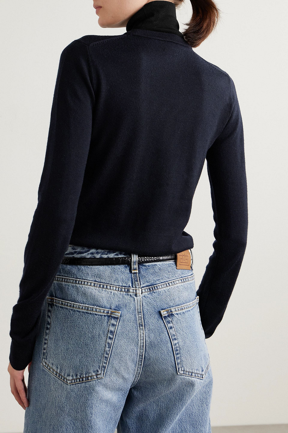 Totême Silk-trimmed Two-tone Wool Turtleneck Sweater In Navy