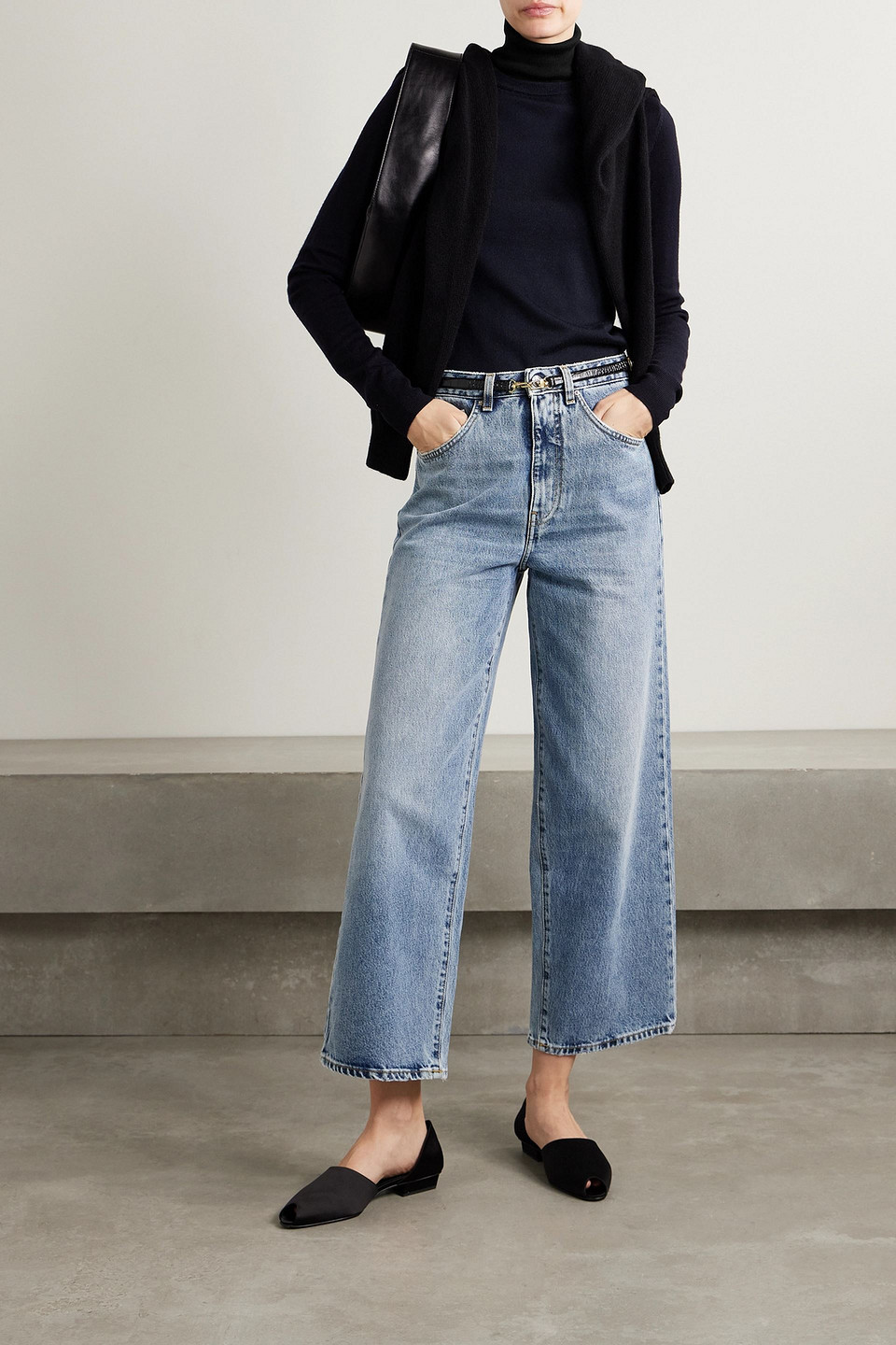 Totême Silk-trimmed Two-tone Wool Turtleneck Sweater In Navy