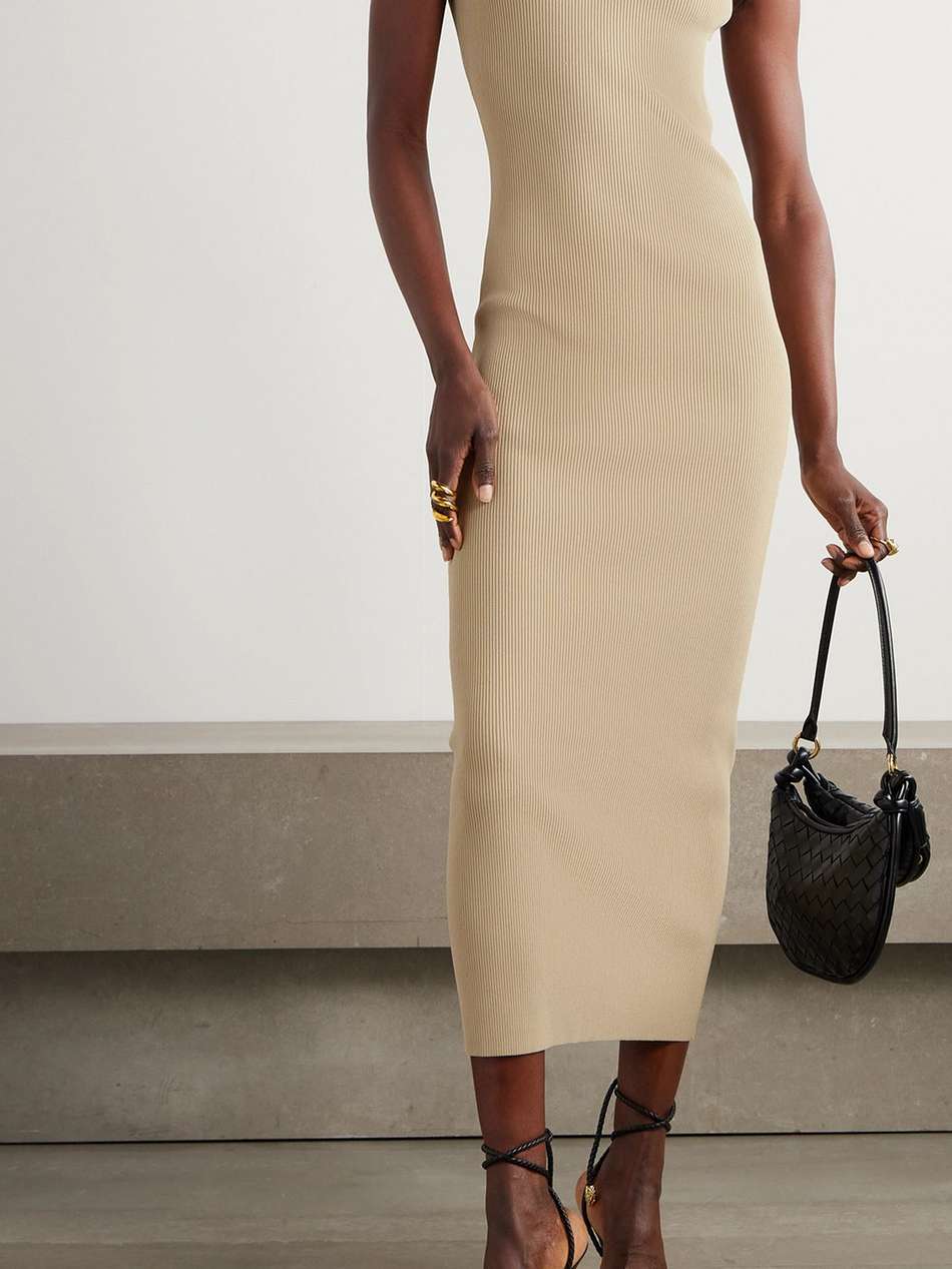 one-shoulder ribbed-knit maxi dress