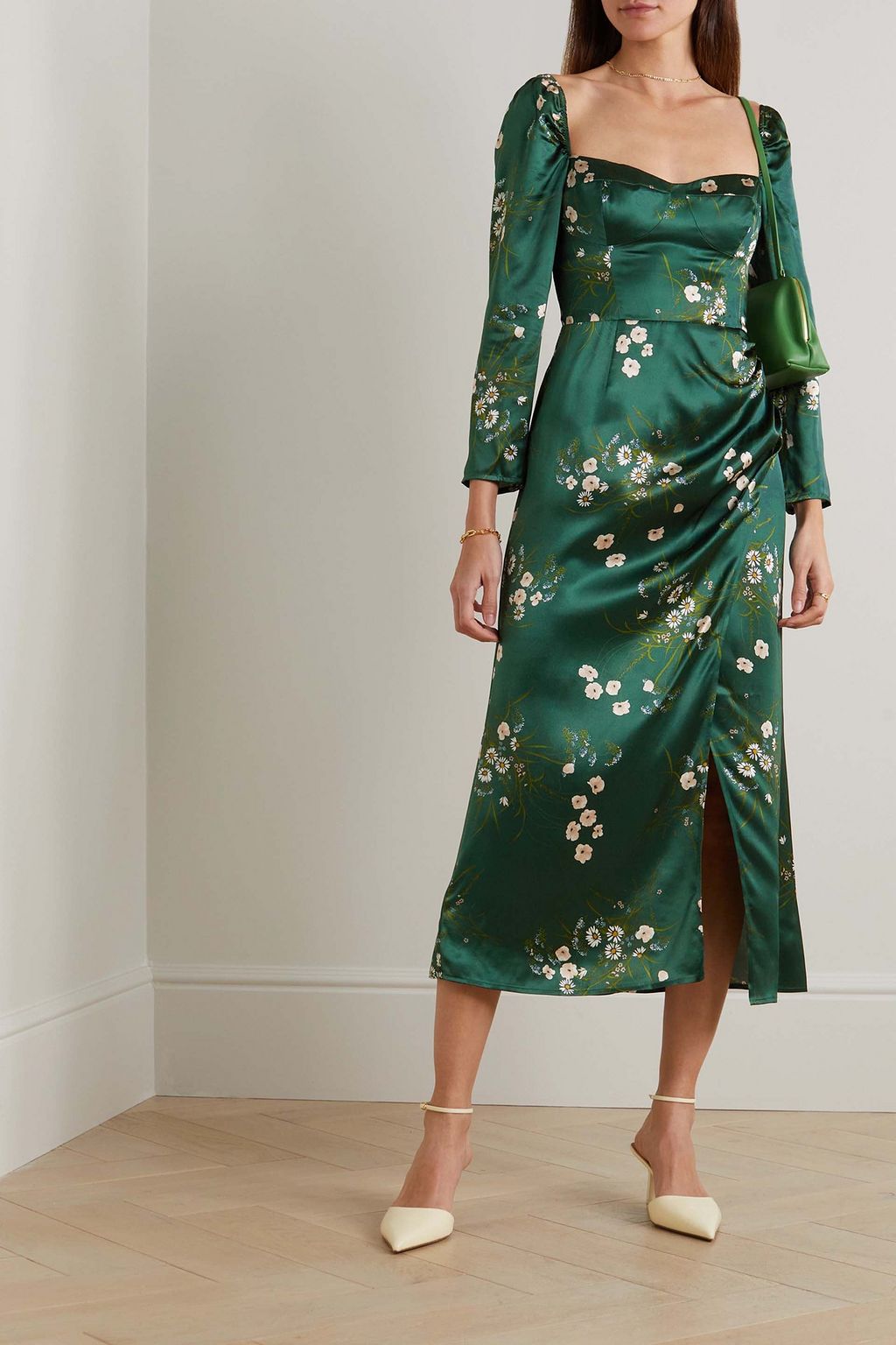 REFORMATION Gloriana Midikleid aus Seiden-Charmeuse mit Blumenprint