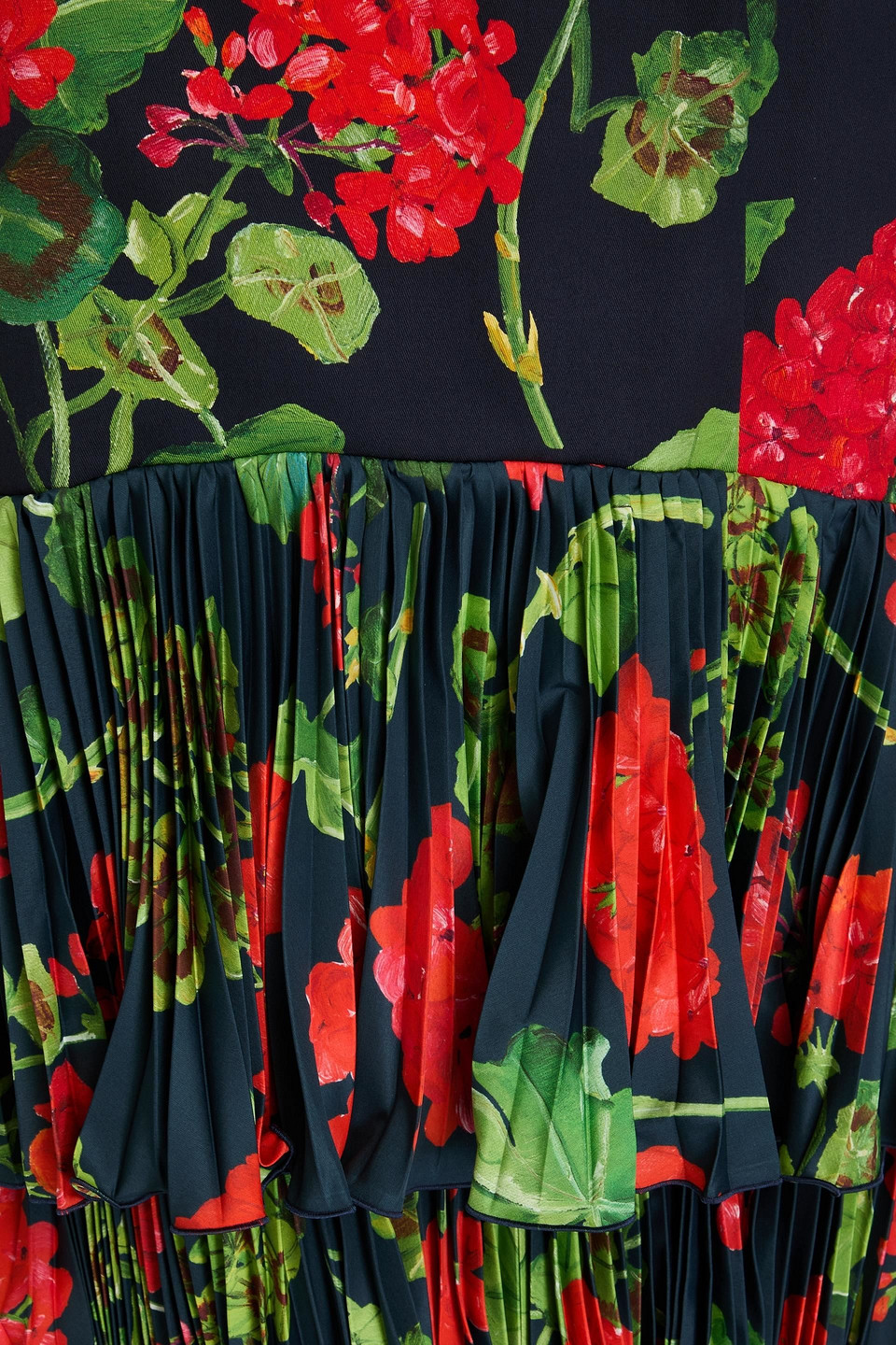 Shop Oscar De La Renta Tiered Floral-print Plissé-satin And Cotton-blend Twill Maxi Skirt In Navy