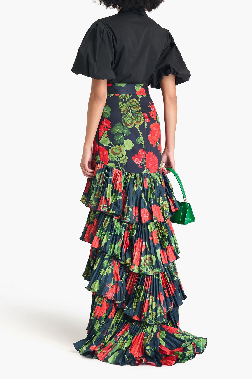 Shop Oscar De La Renta Tiered Floral-print Plissé-satin And Cotton-blend Twill Maxi Skirt In Navy