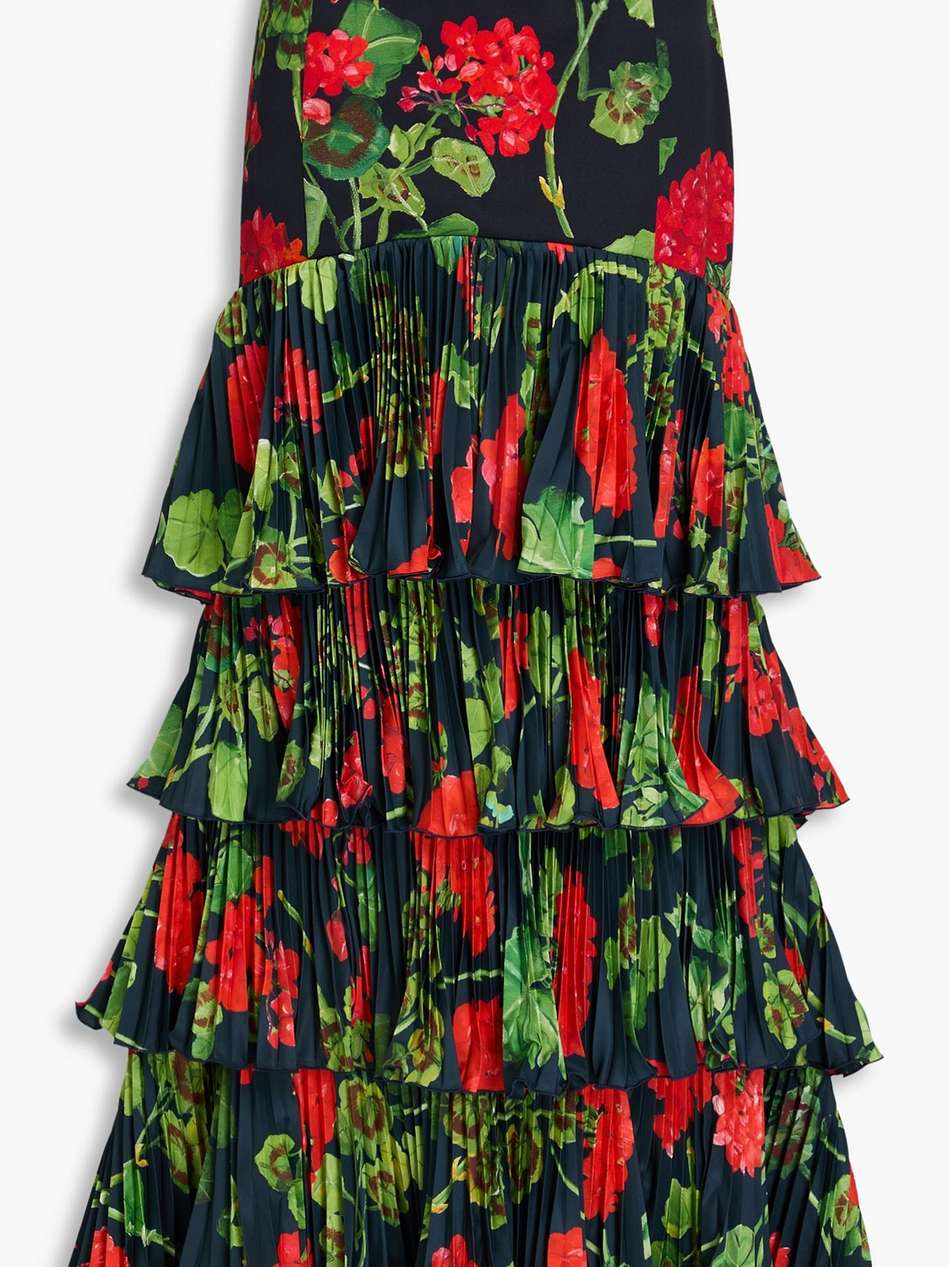 tiered floral-print plissé-satin and cotton-blend twill maxi skirt