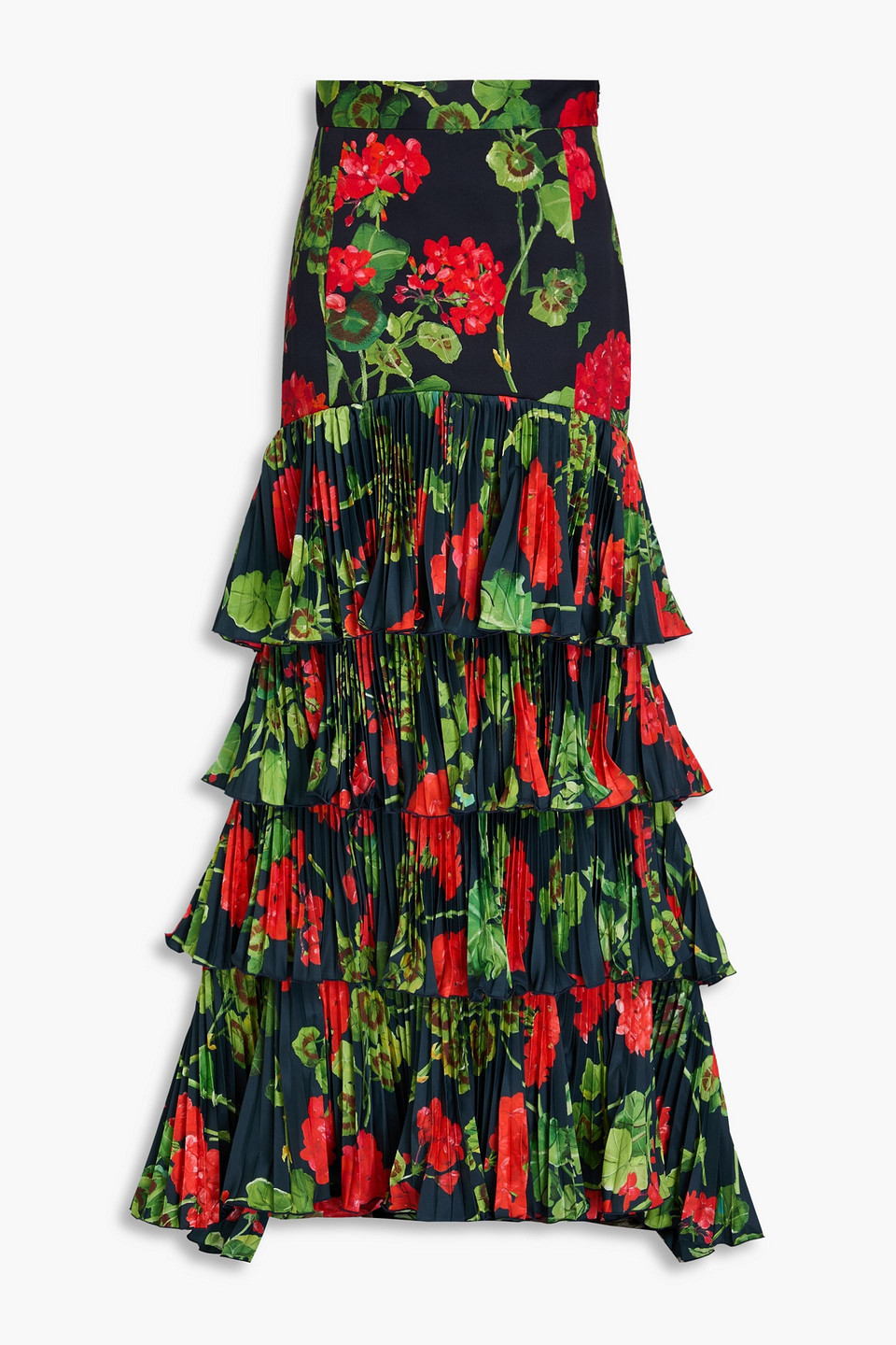 Oscar De La Renta Tiered Floral-print Plissé-satin And Cotton-blend Twill Maxi Skirt In Navy