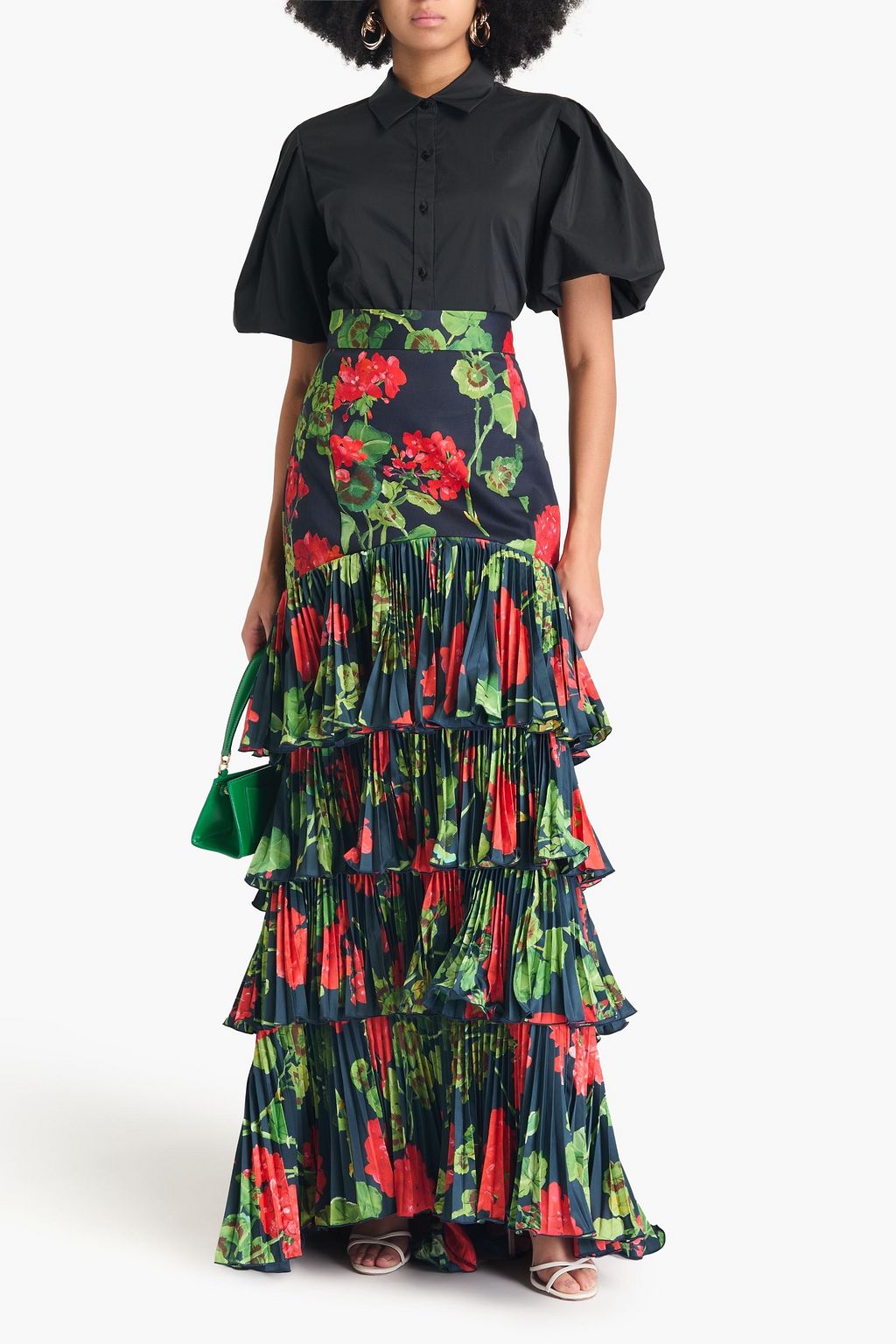 OSCAR DE LA RENTA تنورة طويلة من التويل من مزيج القطن والساتان بتجعيدات رفيعة بطبقات متدرجة وبطبعة الأزهار