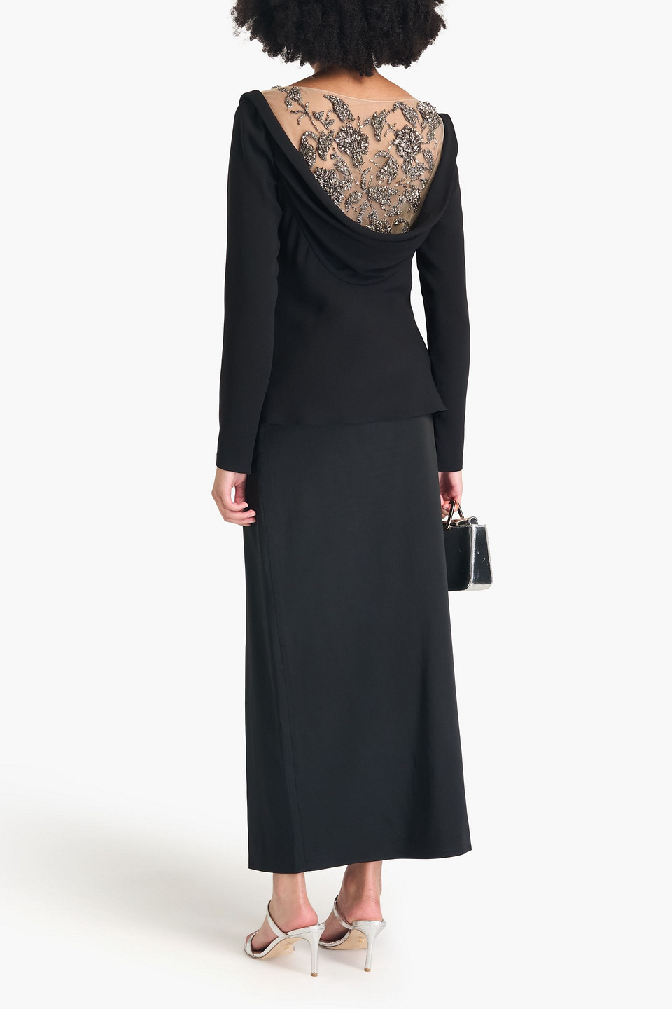 Oscar De La Renta Embellished Tulle-trimmed Silk-blend Top In Black