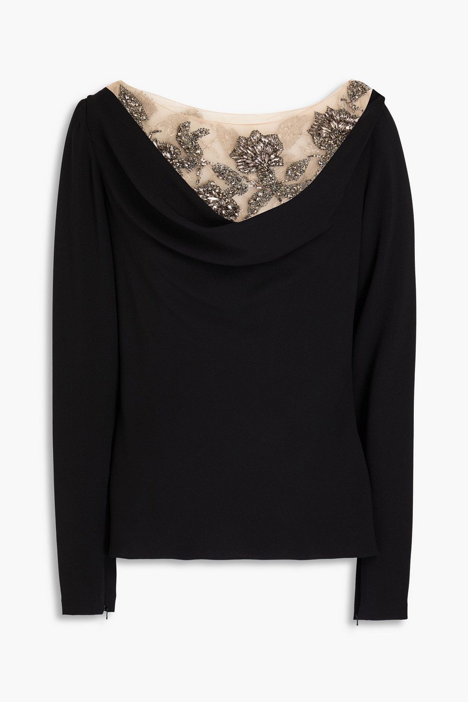 Oscar De La Renta Embellished Tulle-trimmed Silk-blend Top In Black