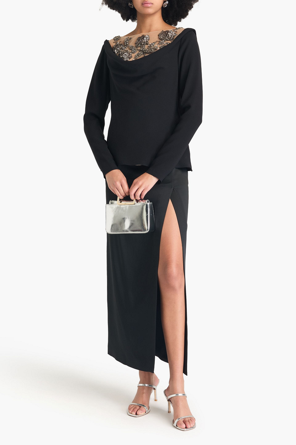 Oscar De La Renta Embellished Tulle-trimmed Silk-blend Top In Black