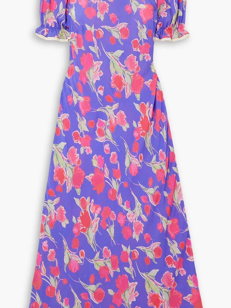 venice lace-trimmed floral-print crepe de chine midi dress