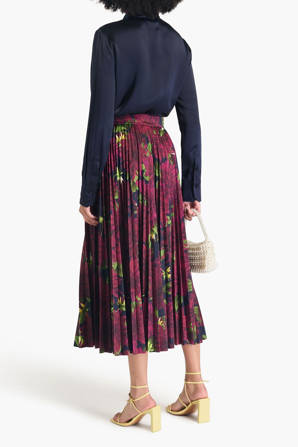 OSCAR DE LA RENTA Pleated floral-print satin-jersey midi skirt