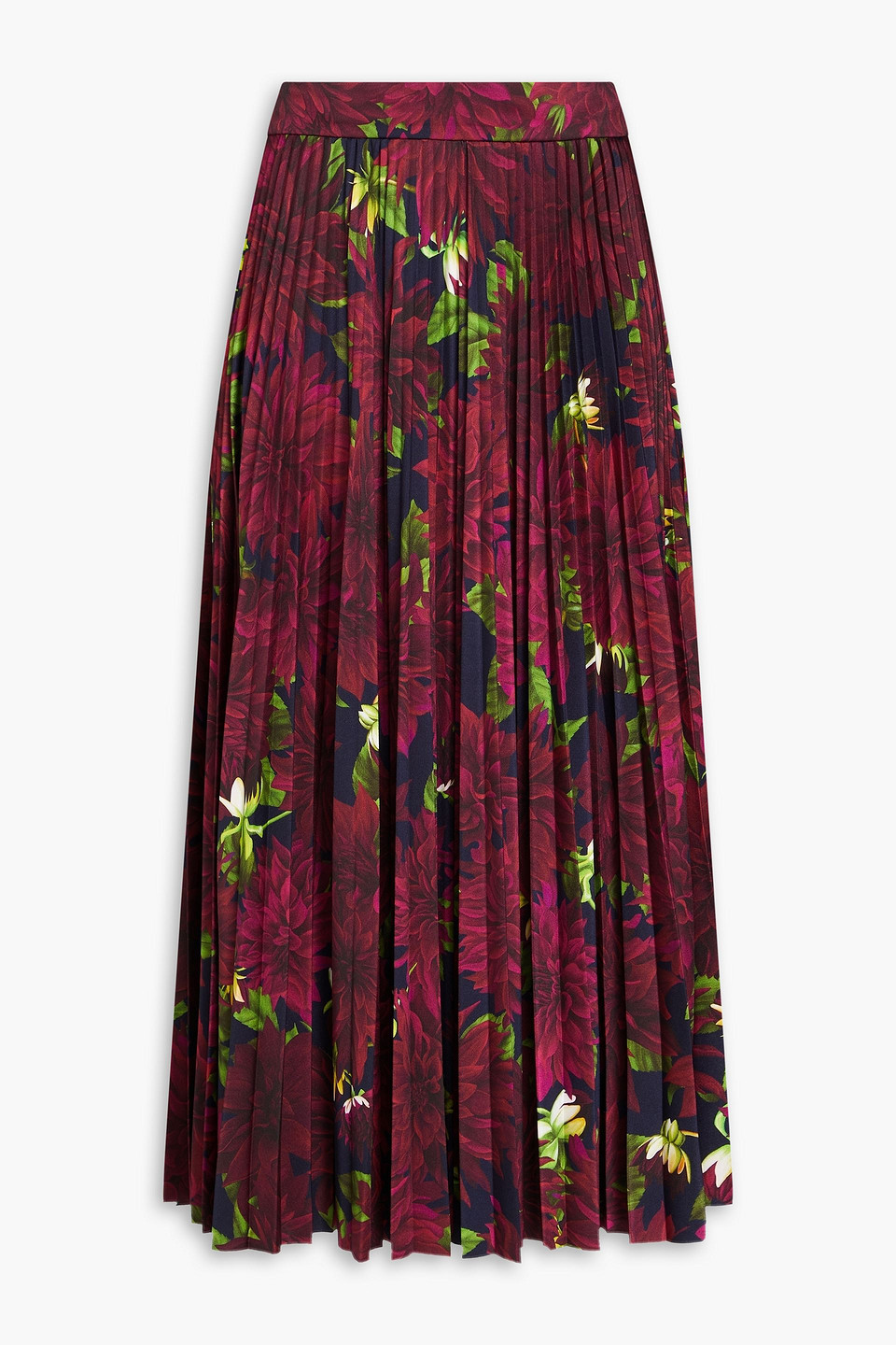 Oscar De La Renta Pleated Floral-print Satin-jersey Midi Skirt In Plum