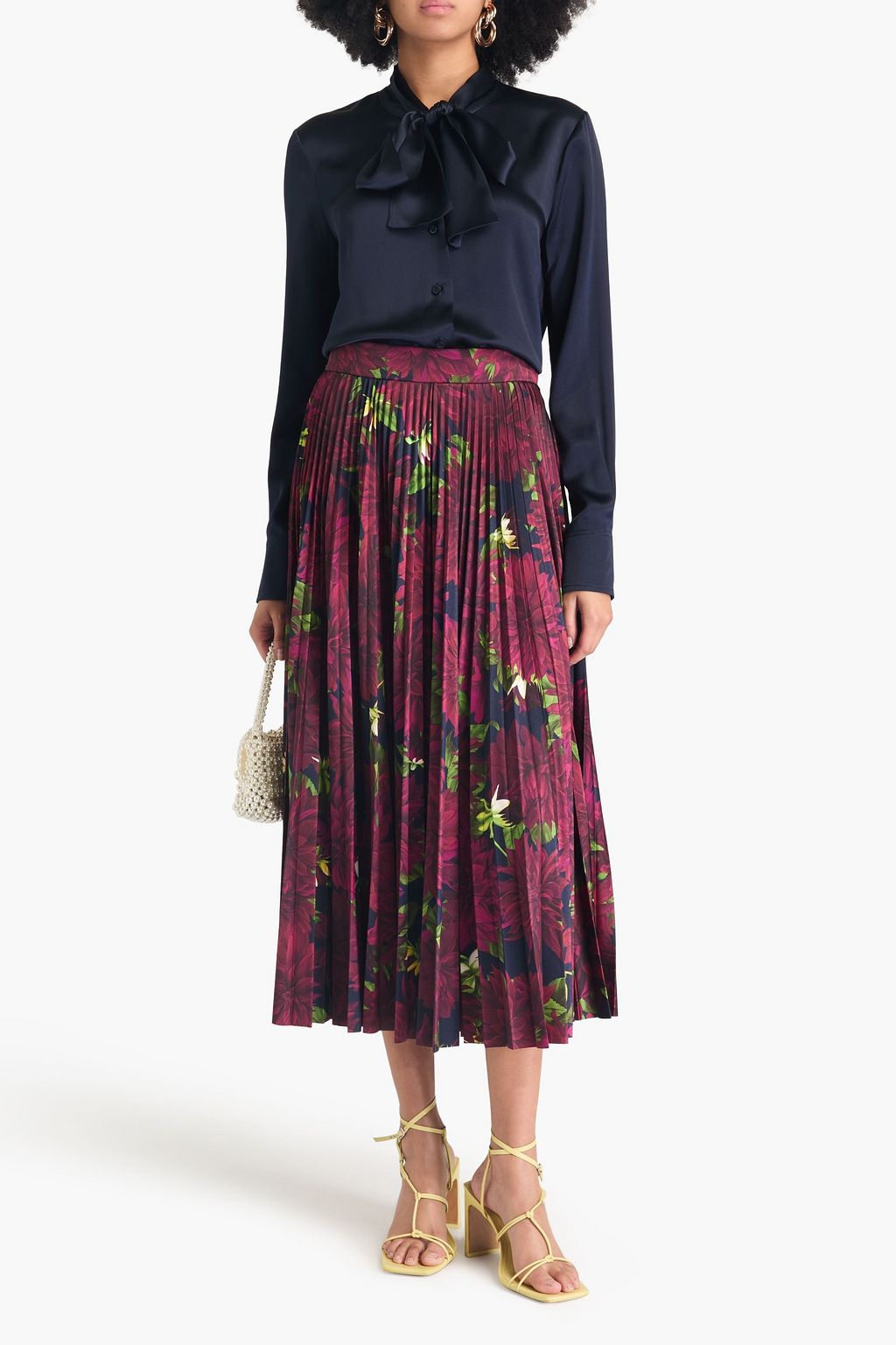 OSCAR DE LA RENTA Pleated floral-print satin-jersey midi skirt