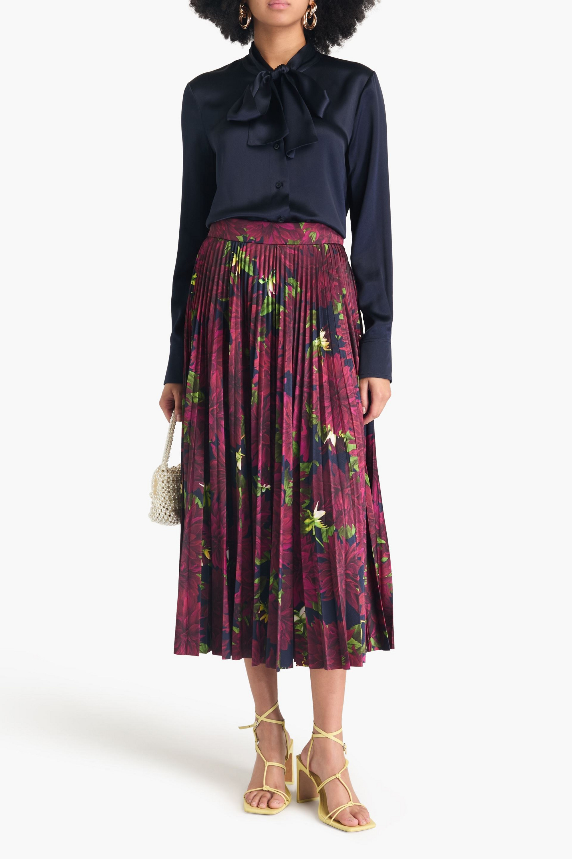 Oscar de la Renta Pleated floral-print satin-jersey midi skirt