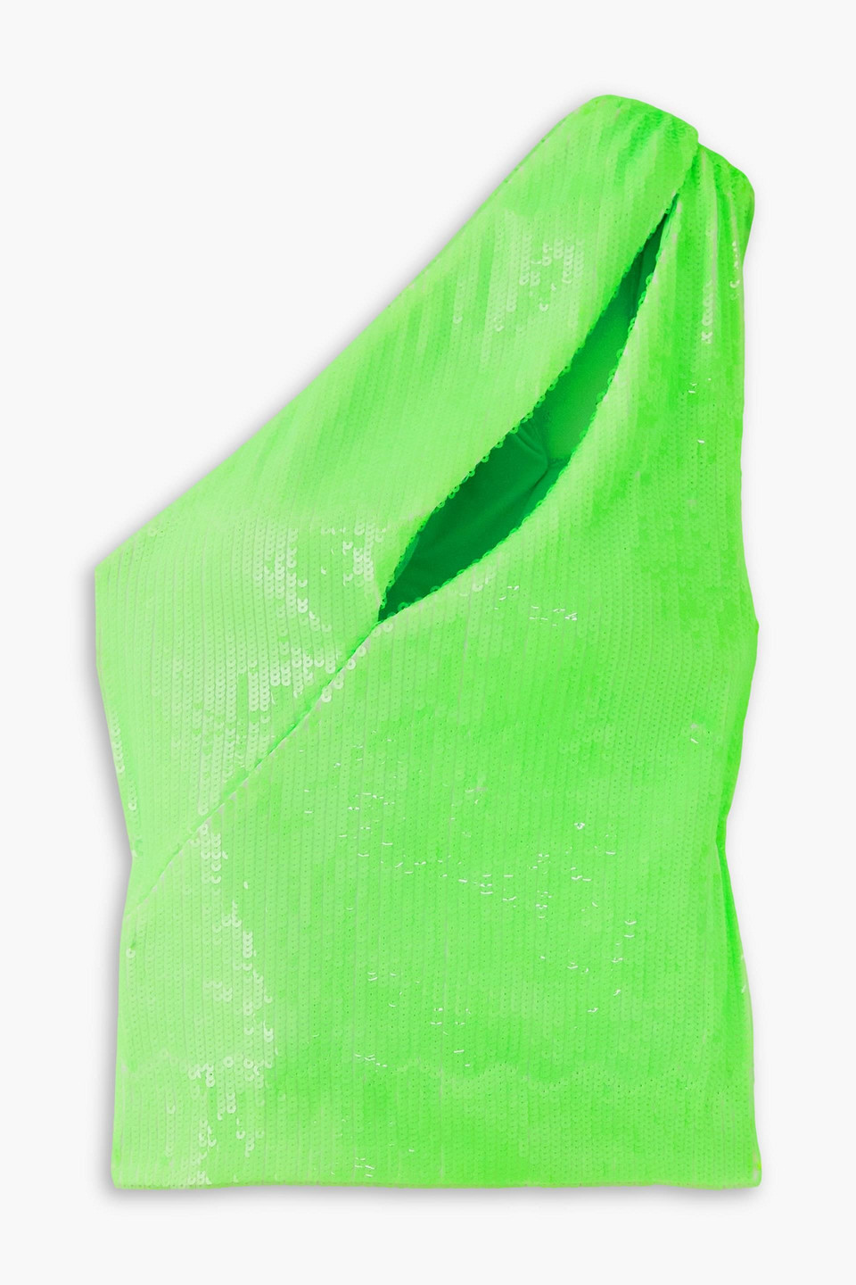 Rotate Birger Christensen Anatasis Cropped One-shoulder Sequined Mesh Top In Bright Green