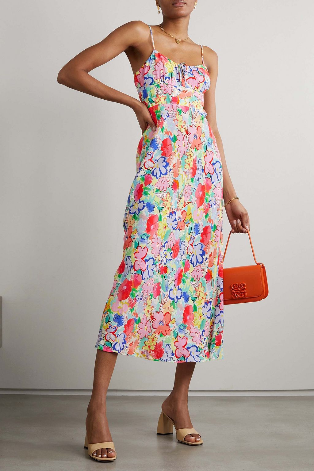 RIXO Lanie tie-detailed floral-print crepe de chine midi dress