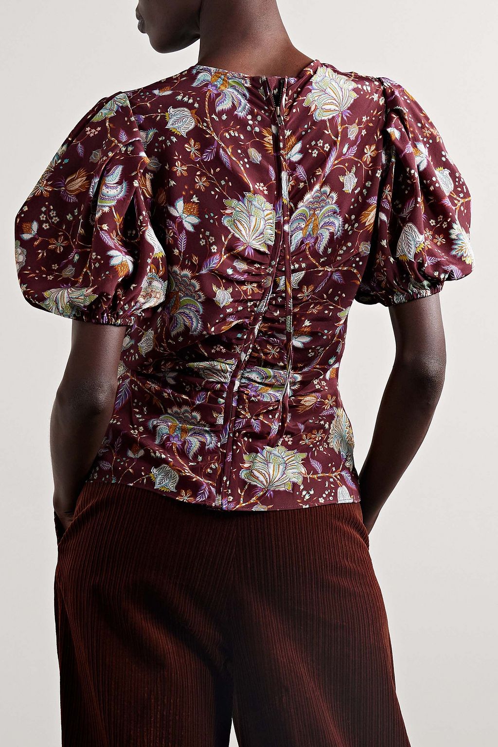 ULLA JOHNSON Elise ruched floral-print silk crepe de chine top