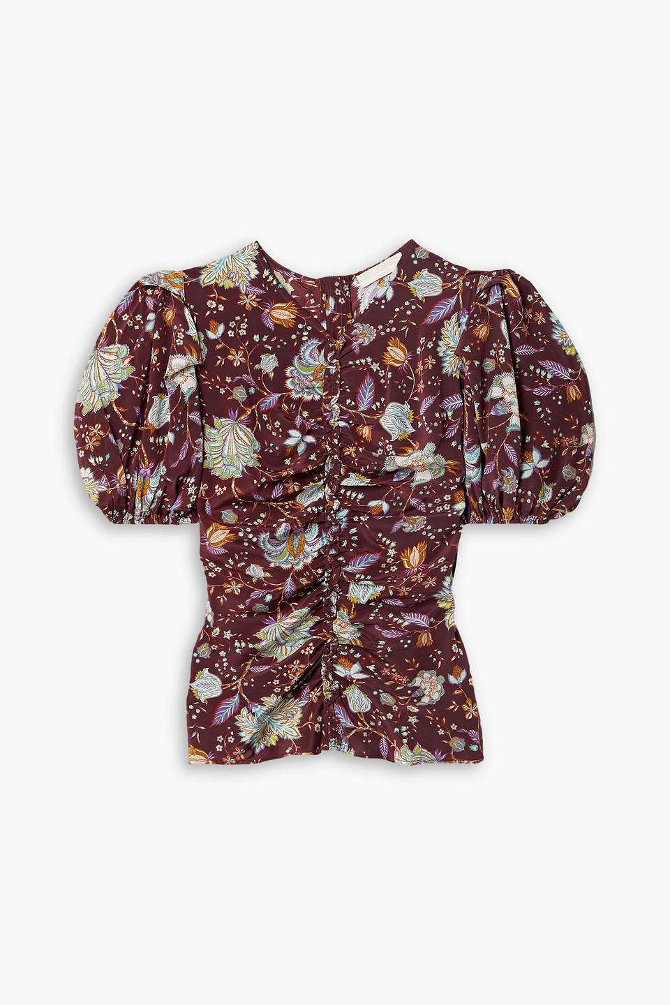Shop Ulla Johnson Elise Ruched Floral-print Silk Crepe De Chine Top In Burgundy