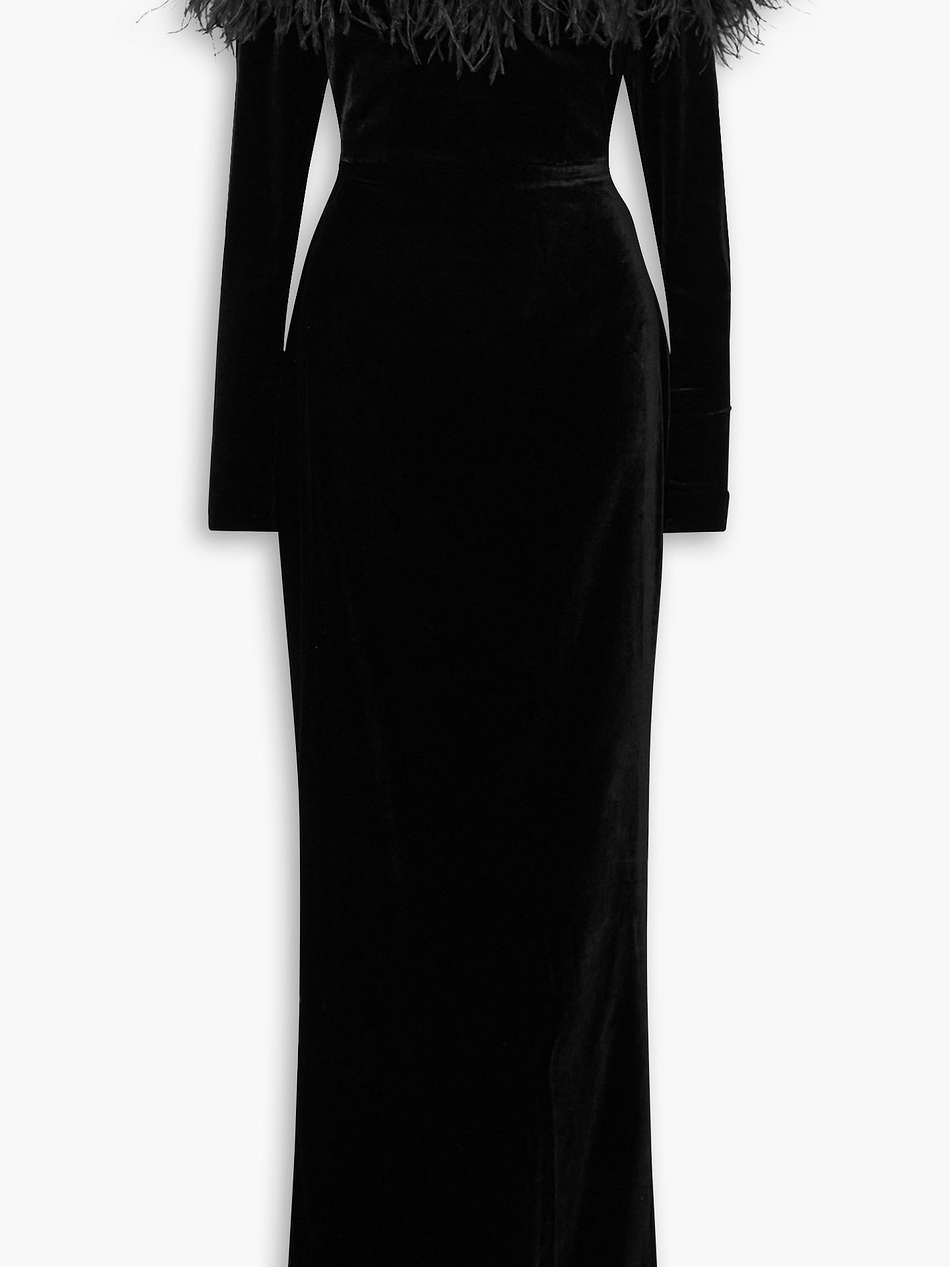 off-the-shoulder feather-trimmed stretch-velvet gown