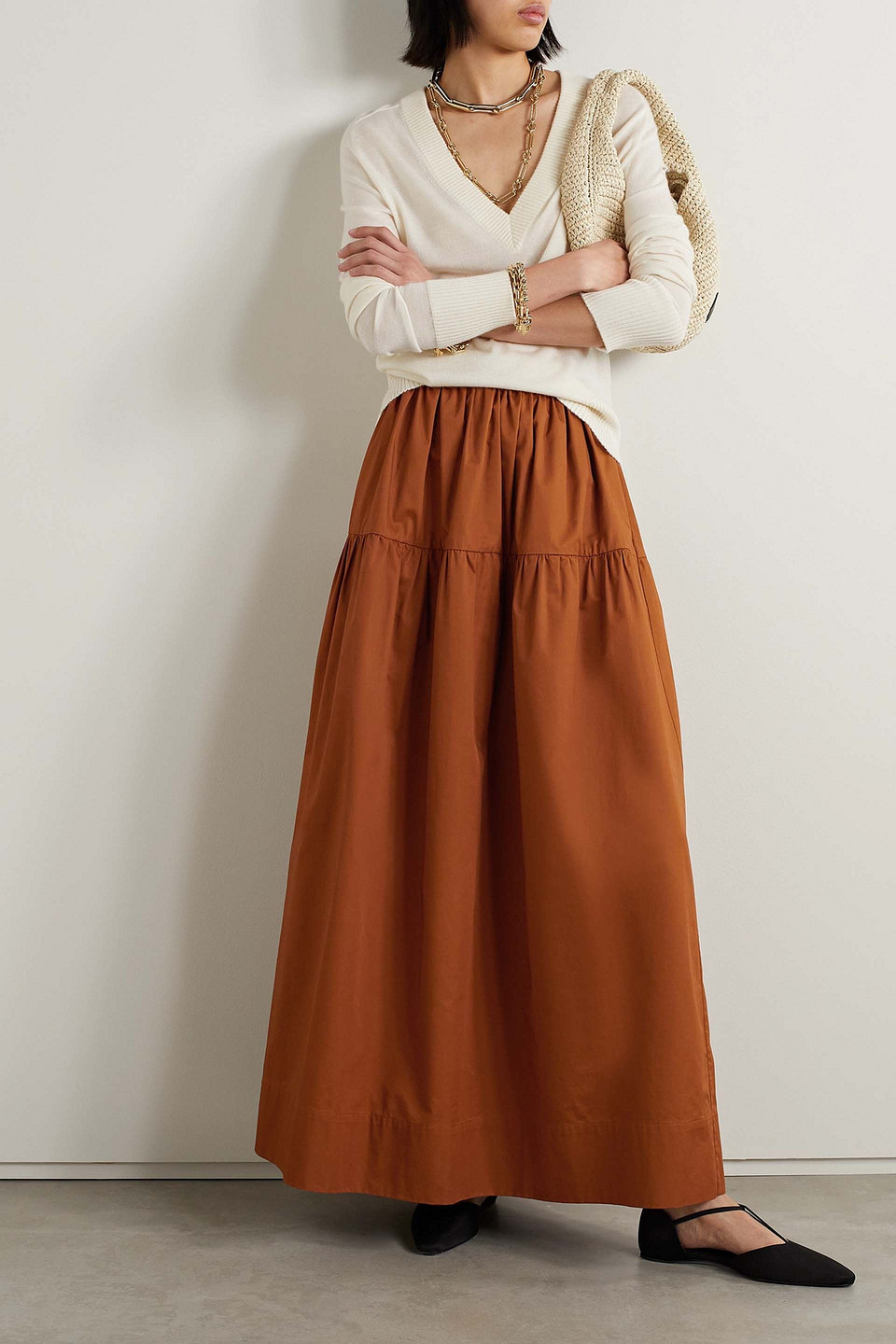 Co Gathered Tton-poplin Maxi Skirt In Light Brown
