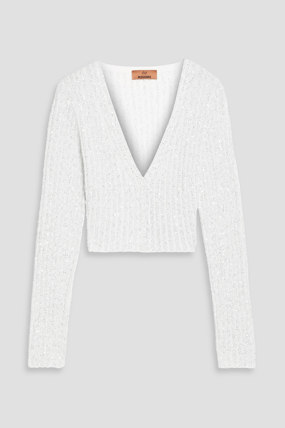 Missoni Cropped Sequin-embellished Ribbed-knit Cardigan In White