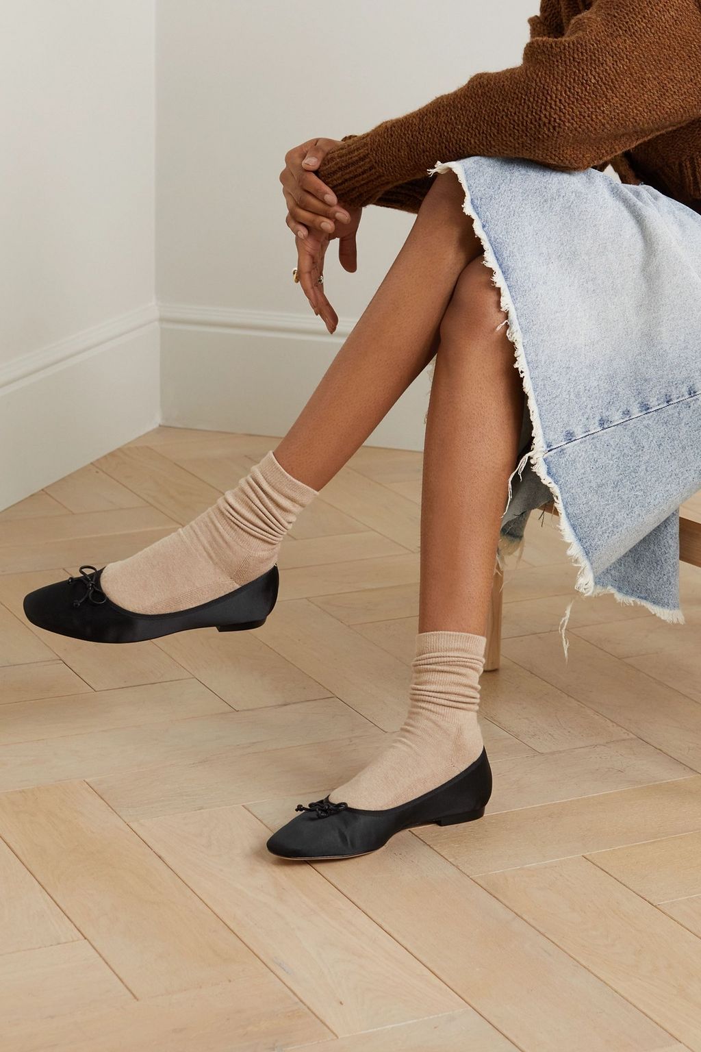 PORTE & PAIRE Bow-detailed leather-trimmed satin ballet flats