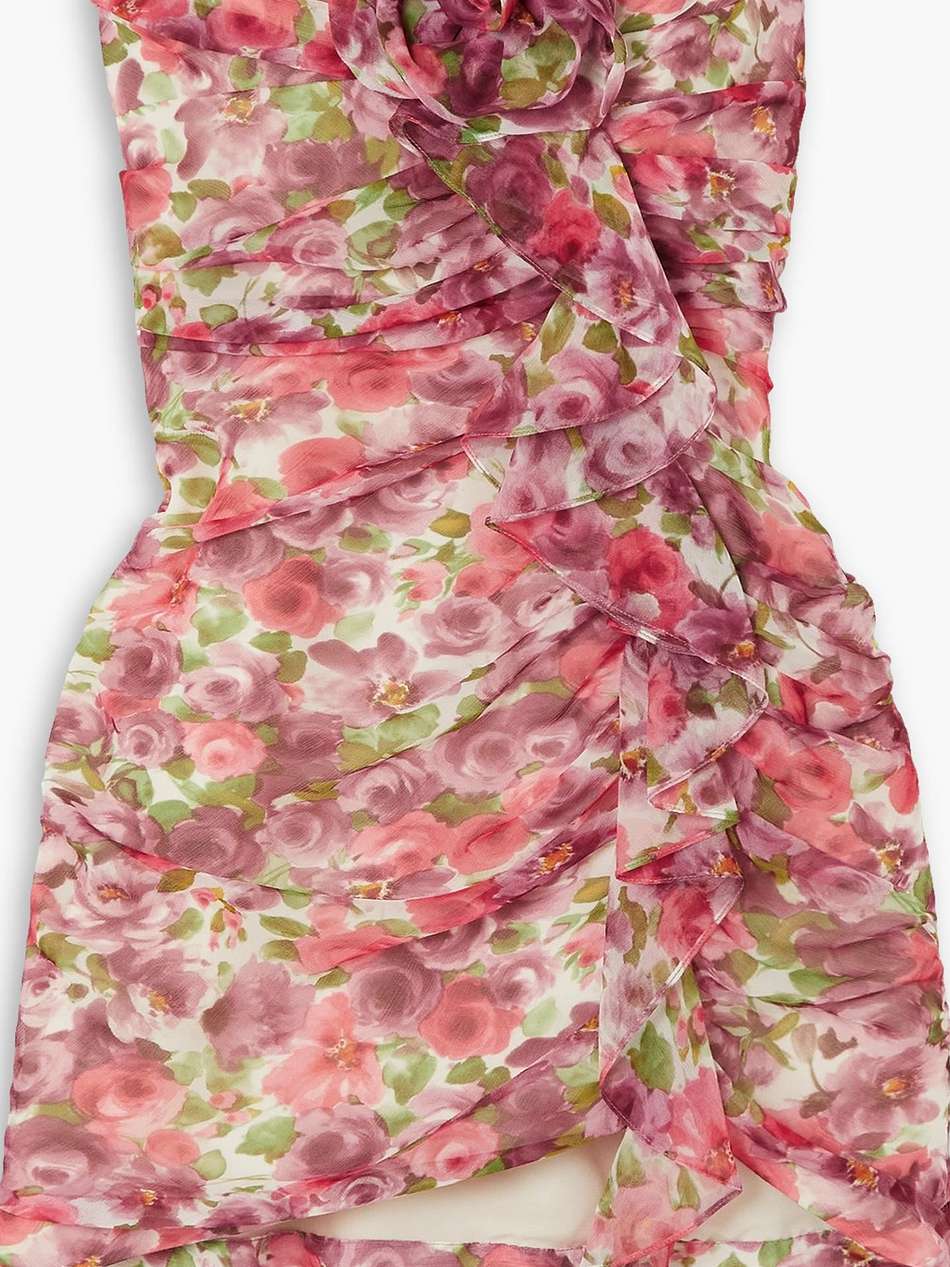 strapless gathered appliquéd floral-print silk-georgette mini dress