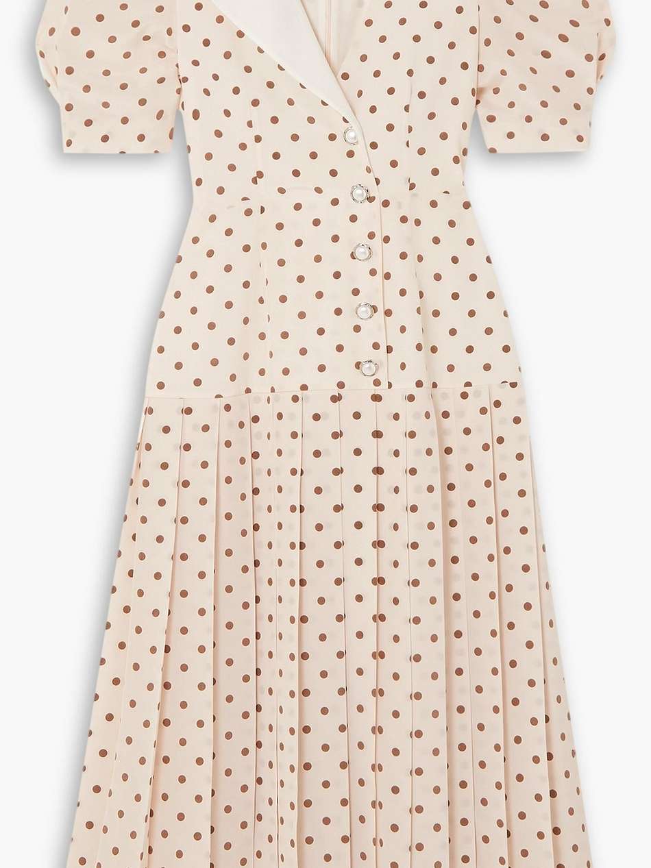 button-embellished pleated polka-dot silk midi dress