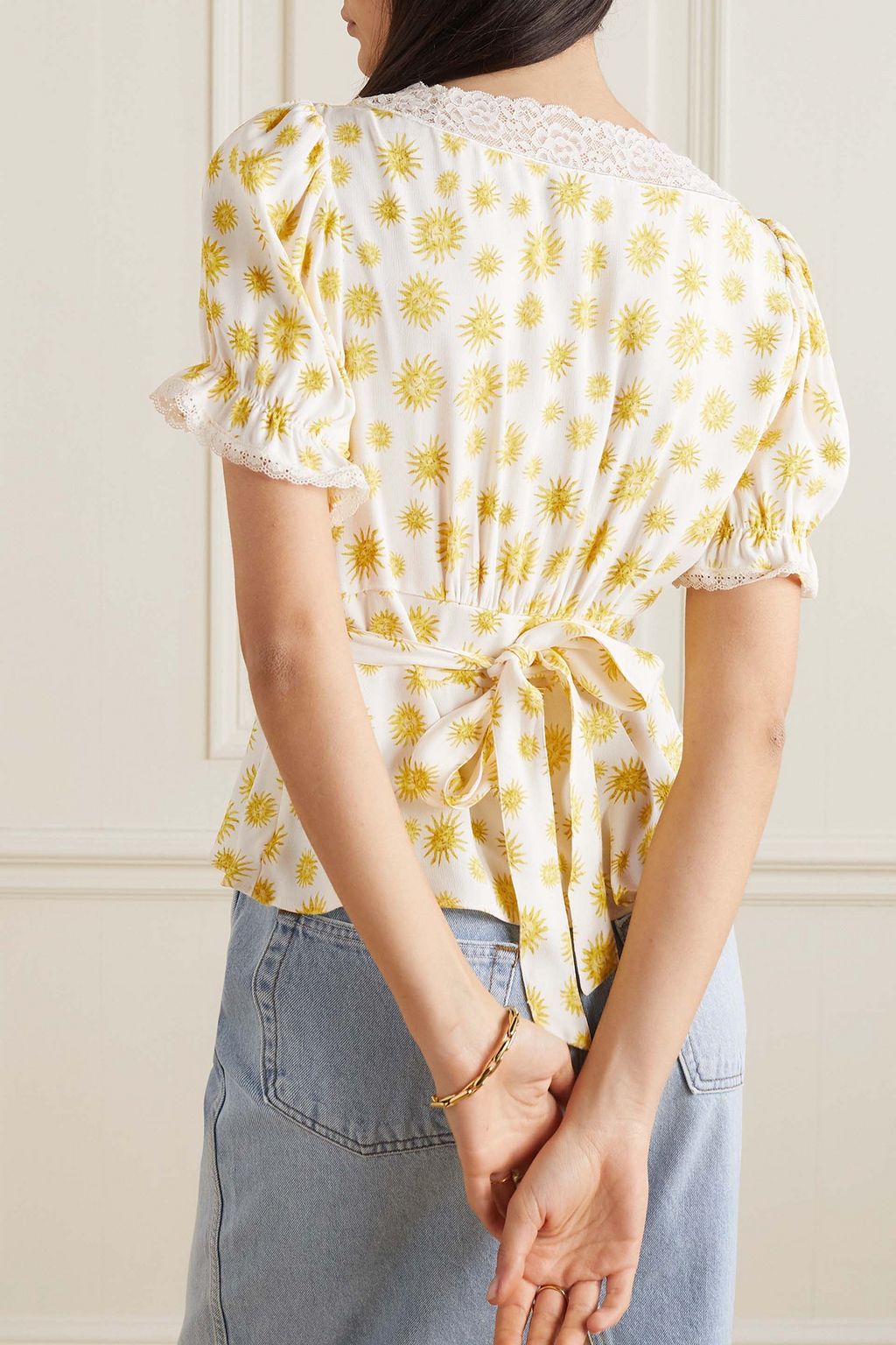 RIXO Selva lace-trimmed printed voile top