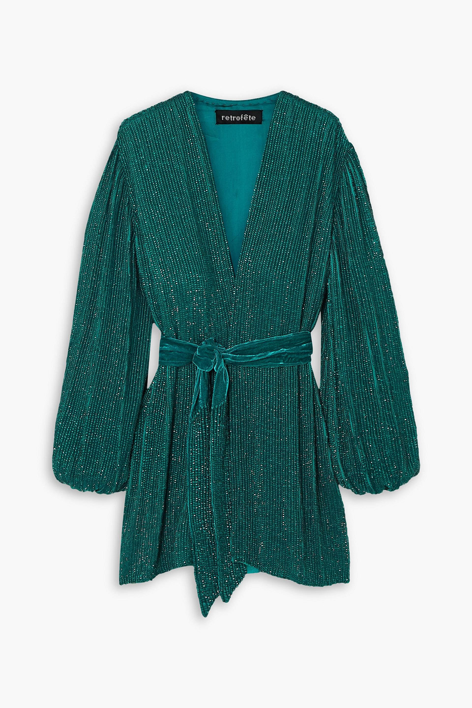 Retroféte Gabrielle Velvet-trimmed Sequined Chiffon Mini Wrap Dress In Emerald