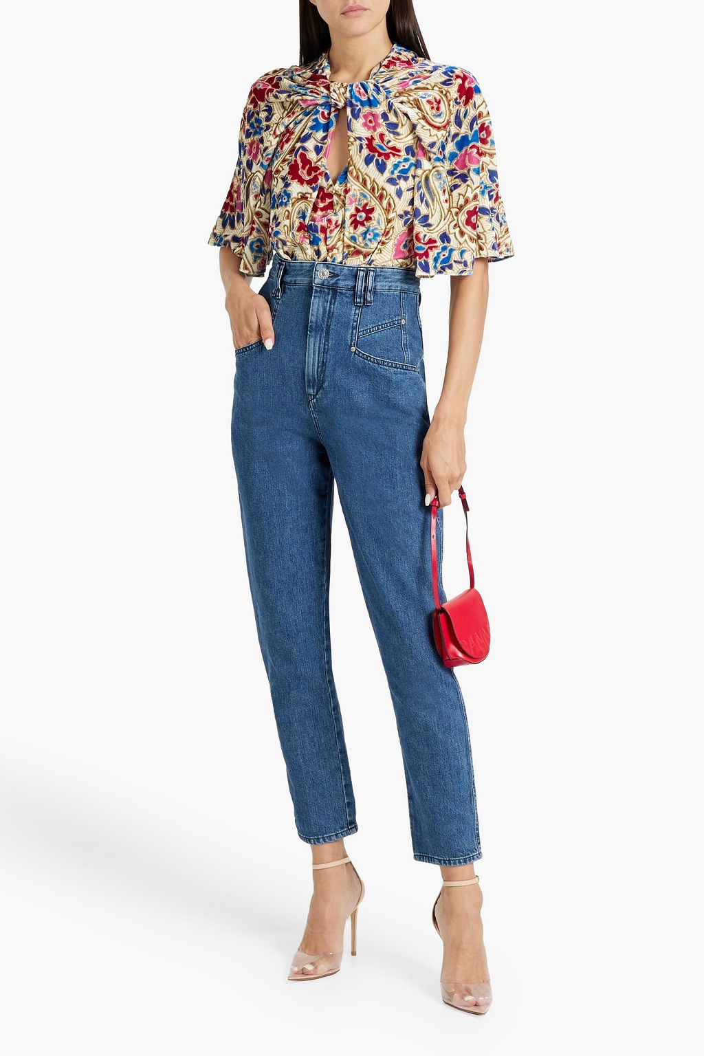 ISABEL MARANT Mucio knotted printed velvet  peplum top