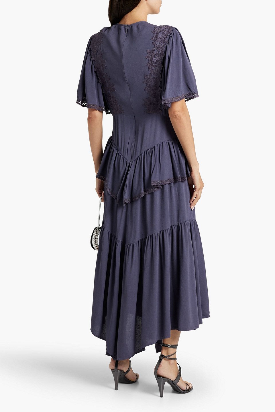 Isabel Marant Ladeira Lace-trimmed Ruffled Maxi Dress In Dark Purple