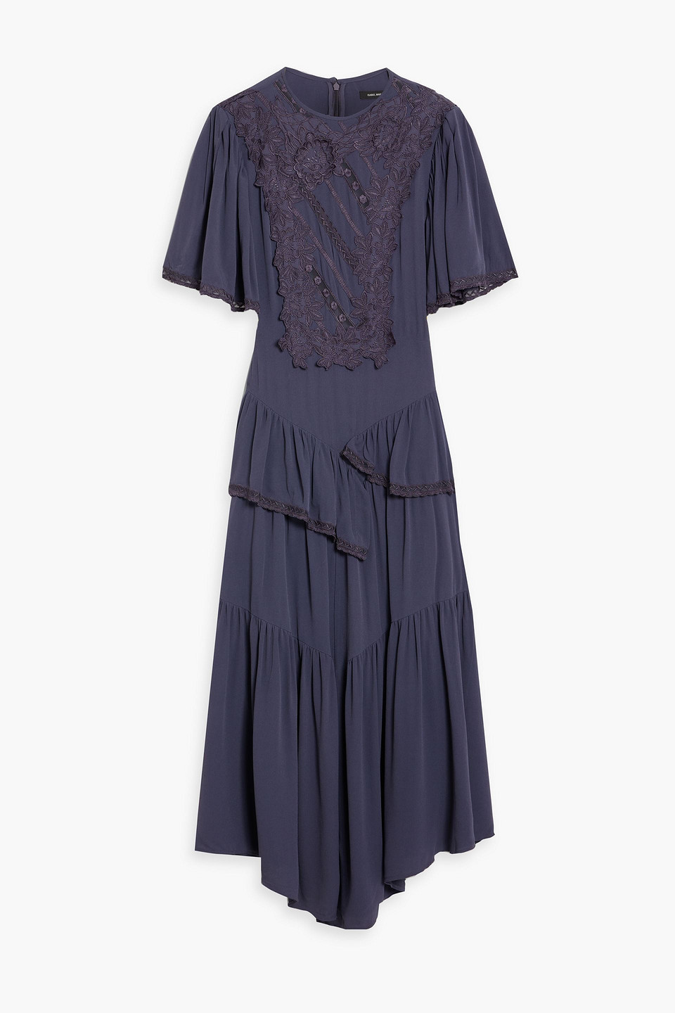 Isabel Marant Ladeira Lace-trimmed Ruffled Maxi Dress In Dark Purple