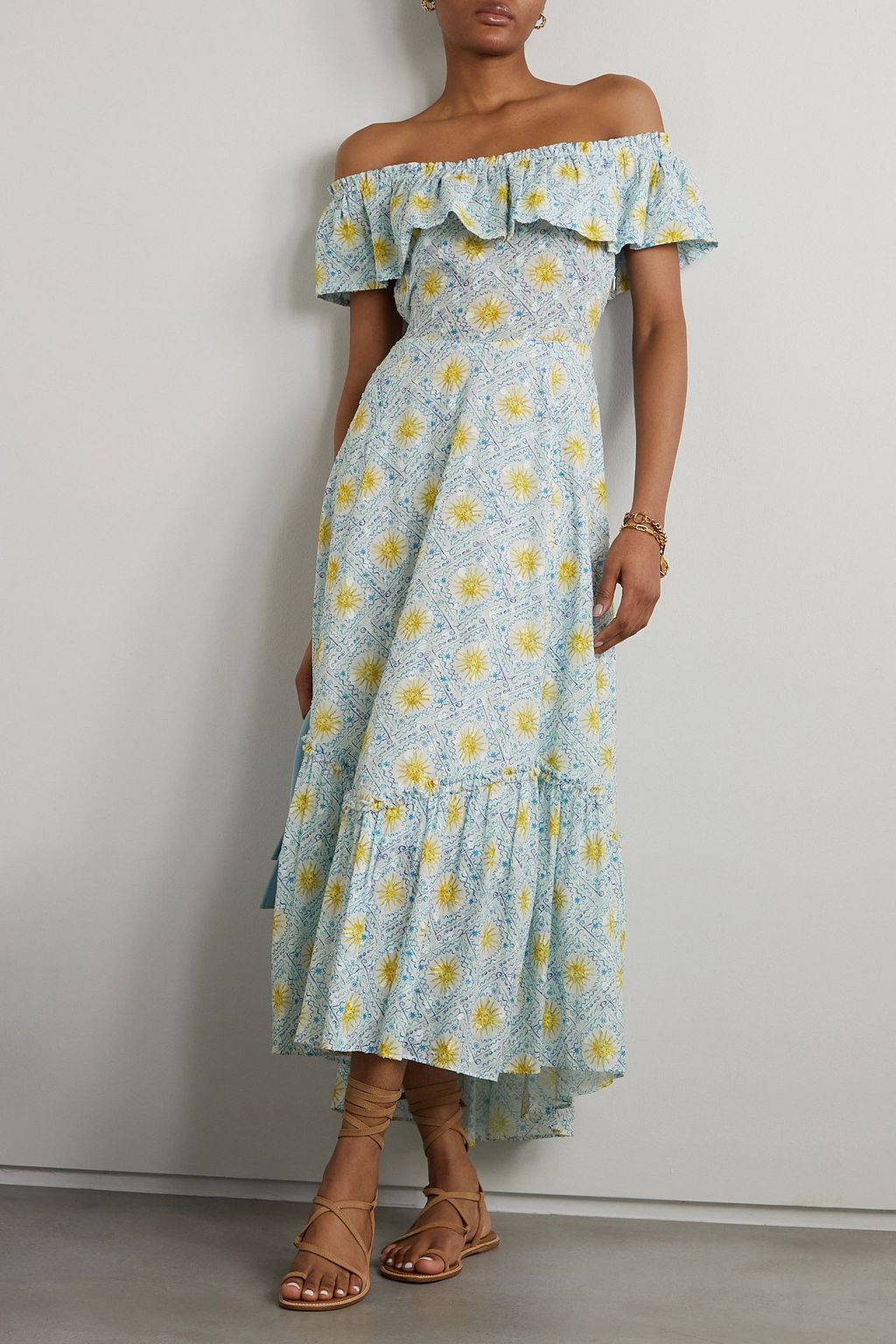 RIXO Mauve off-the-shoulder printed fil coupé cotton midi dress