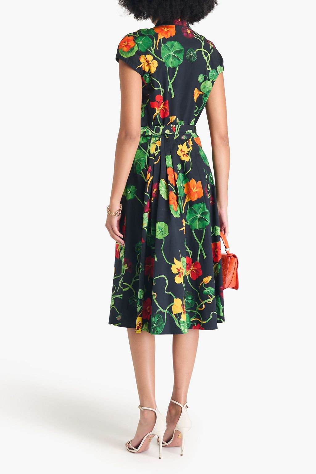 OSCAR DE LA RENTA Pleated floral-print stretch-cotton poplin midi dress