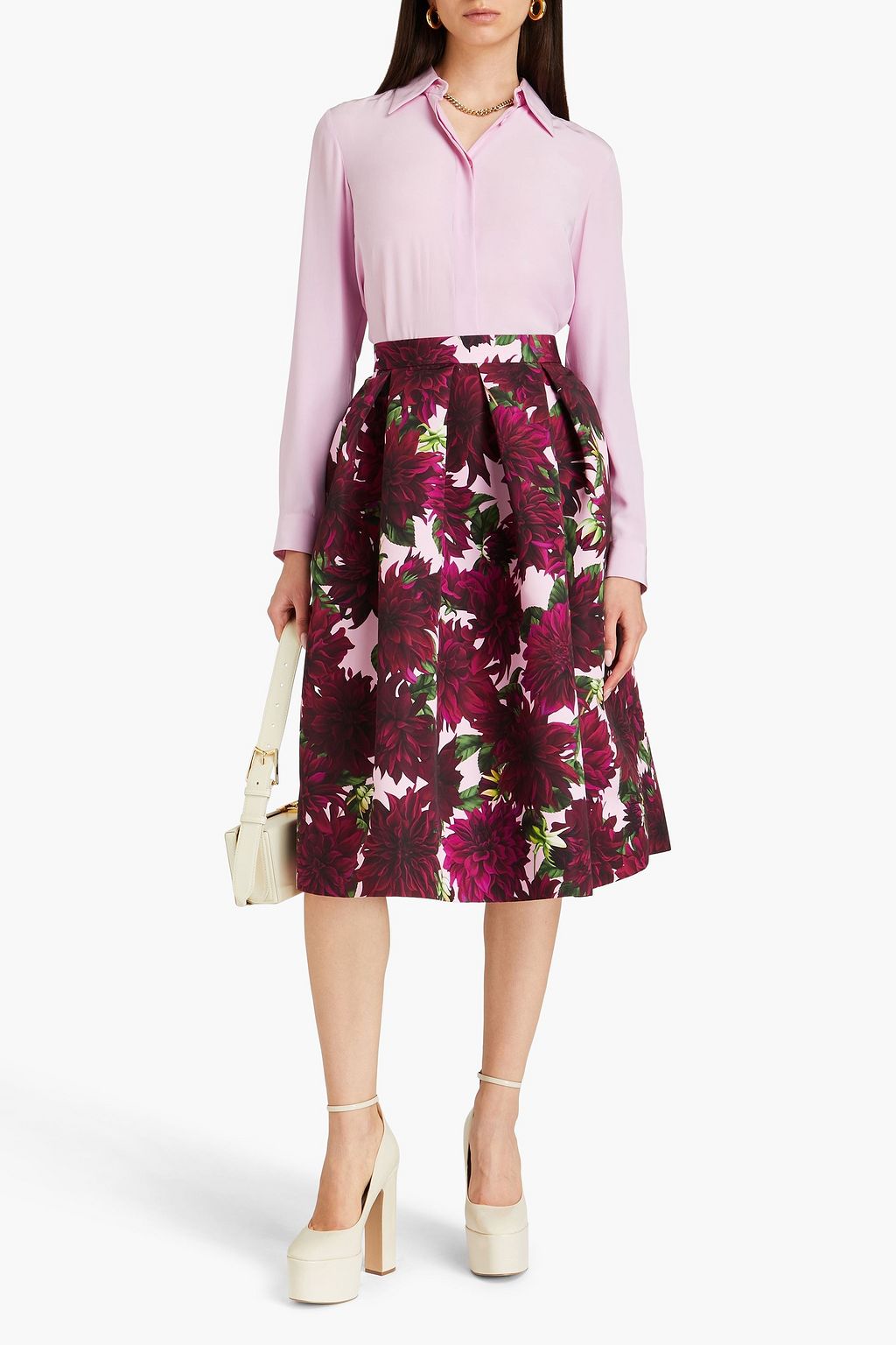 OSCAR DE LA RENTA Pleated floral-print faille skirt