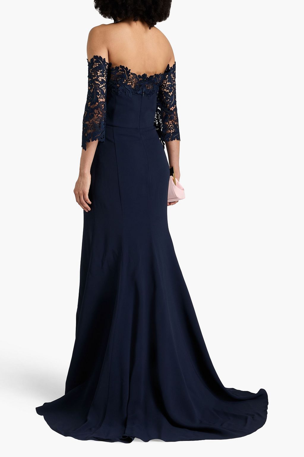 OSCAR DE LA RENTA Off-the-shoulder lace-trimmed crepe gown