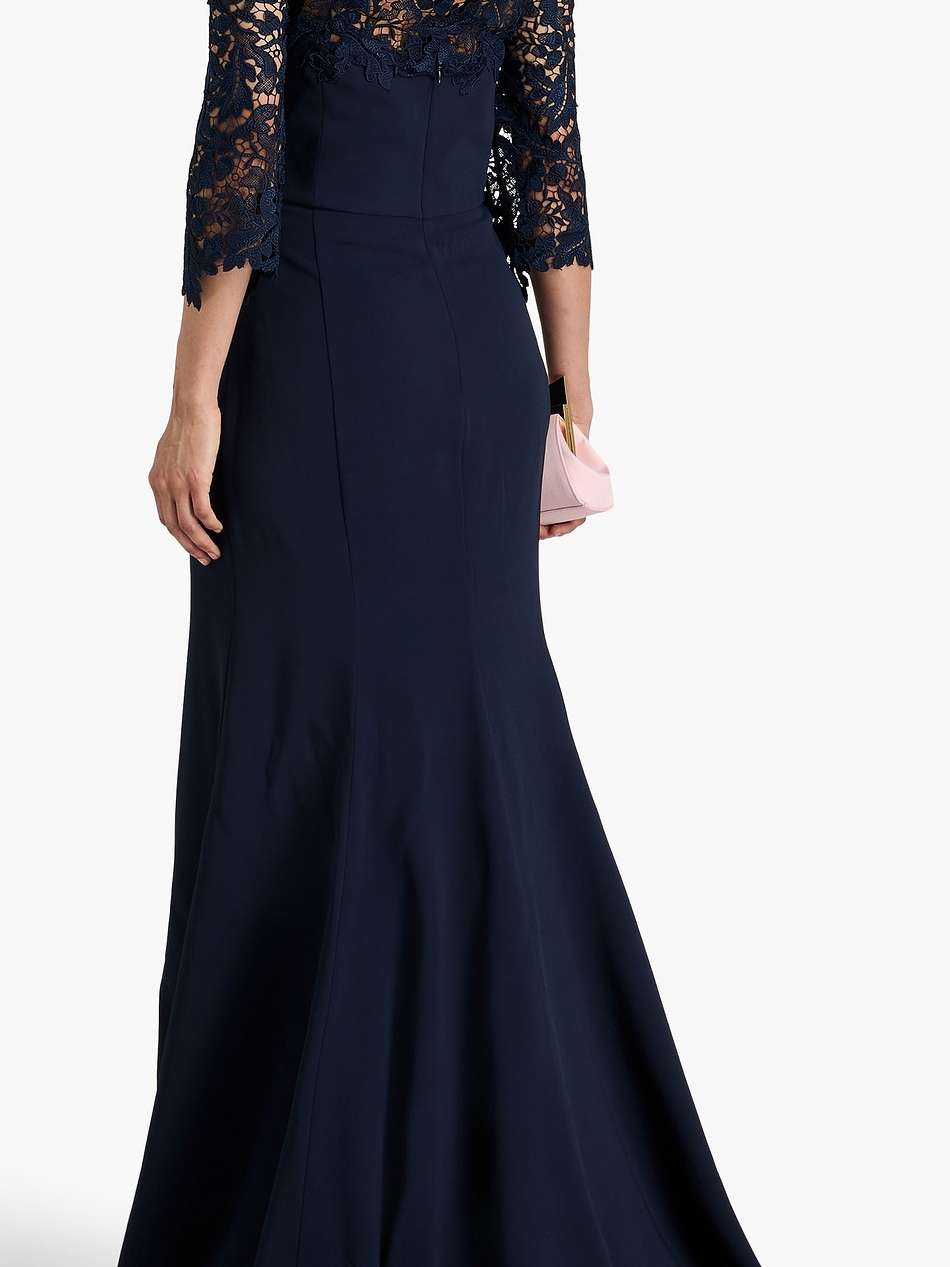 off-the-shoulder lace-trimmed crepe gown