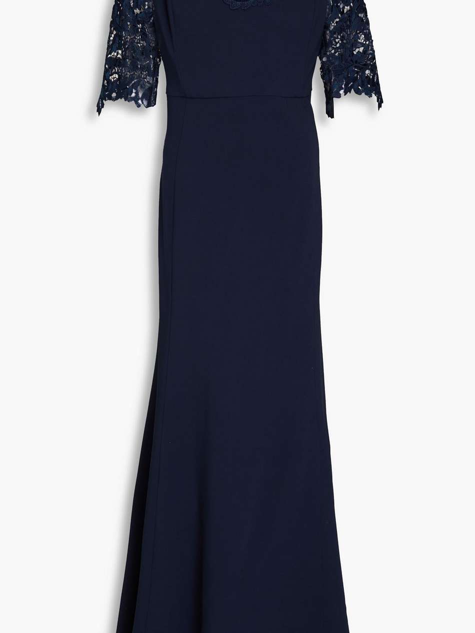 off-the-shoulder lace-trimmed crepe gown