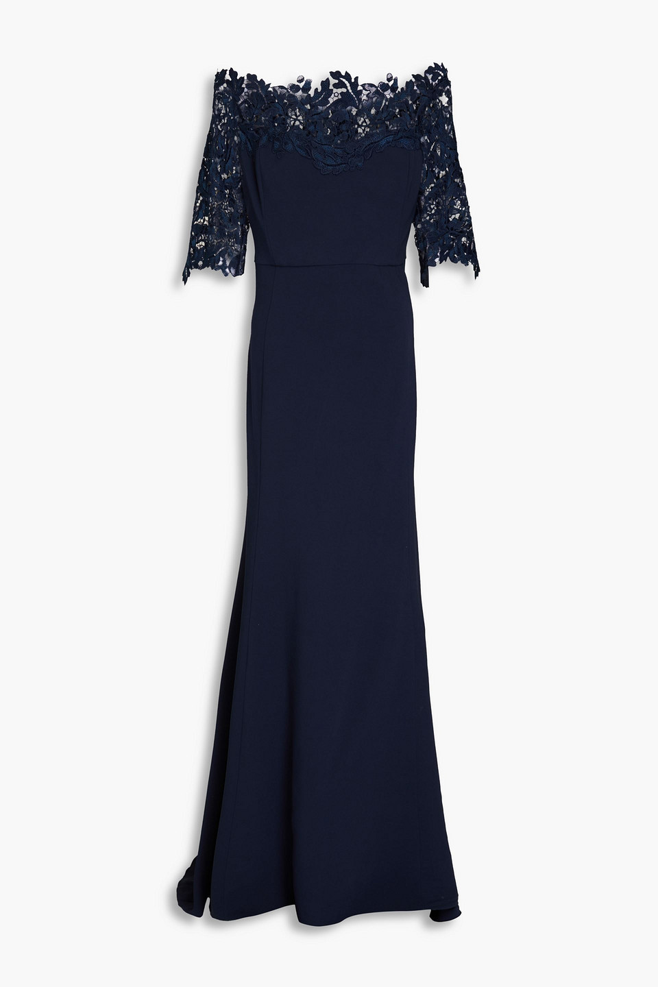 Off-the-shoulder lace-trimmed crepe gown