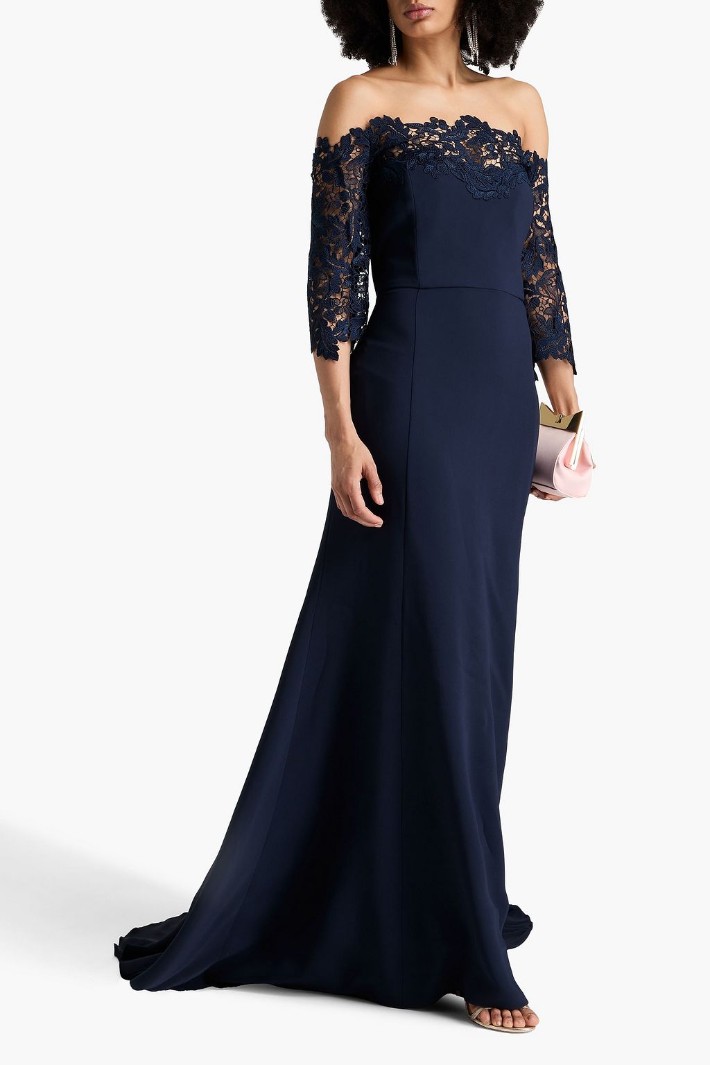 OSCAR DE LA RENTA Off-the-shoulder lace-trimmed crepe gown