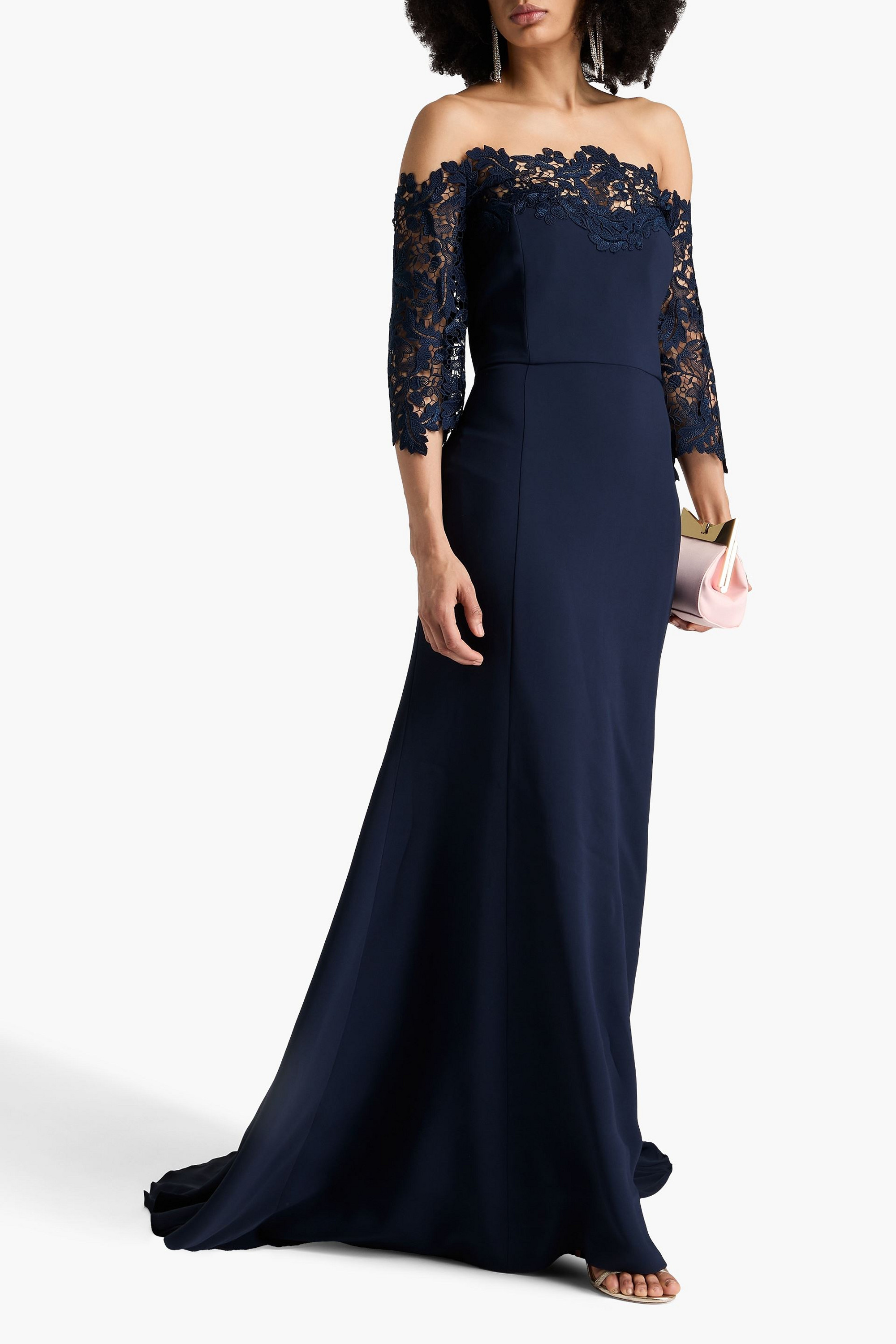 Oscar de la Renta Off-the-shoulder lace-trimmed crepe gown