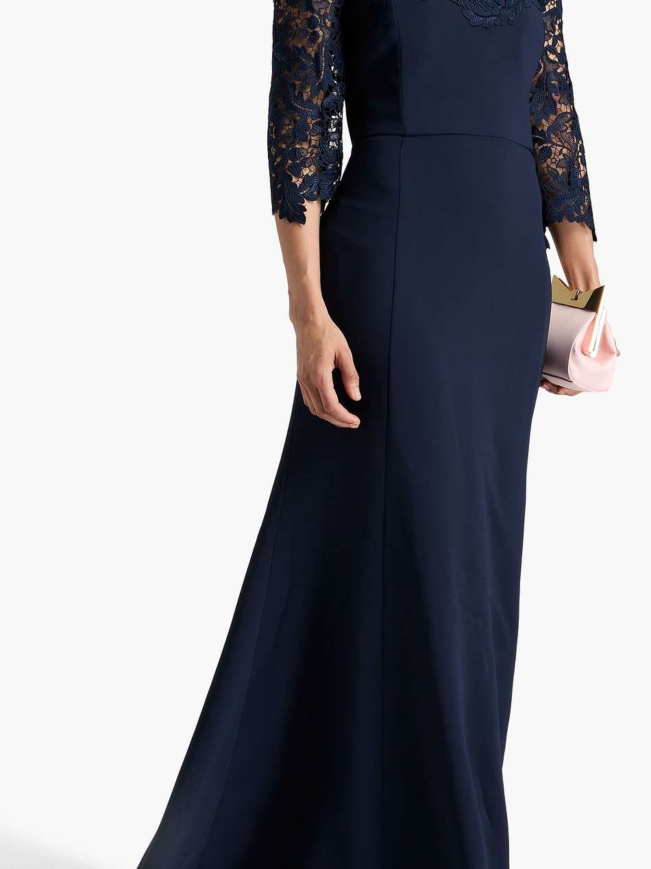 off-the-shoulder lace-trimmed crepe gown