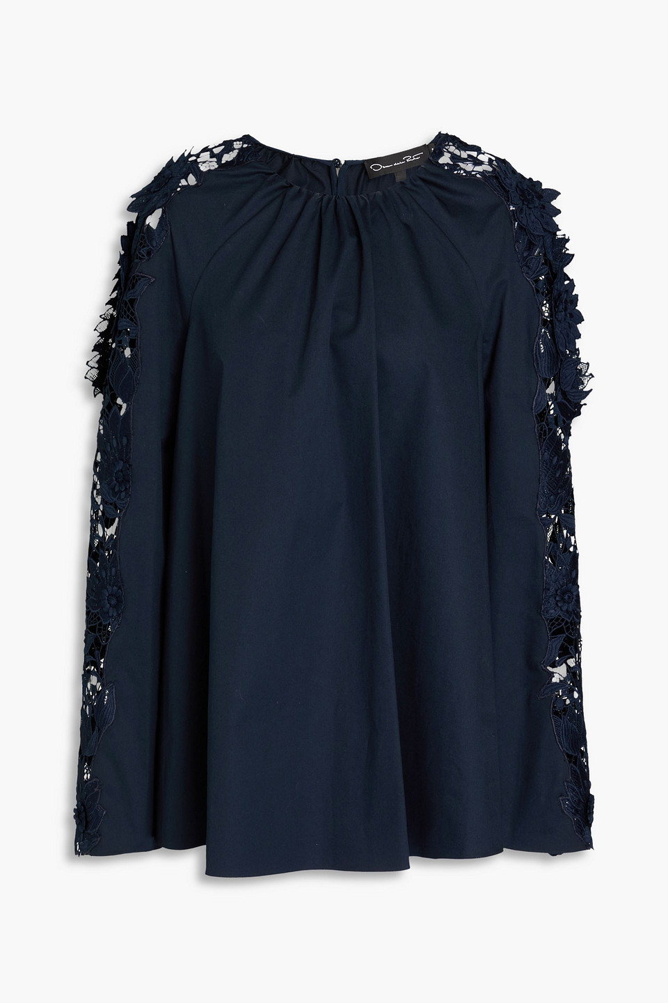 Oscar De La Renta Guipure Lace-trimmed Cotton-blend Blouse In Navy