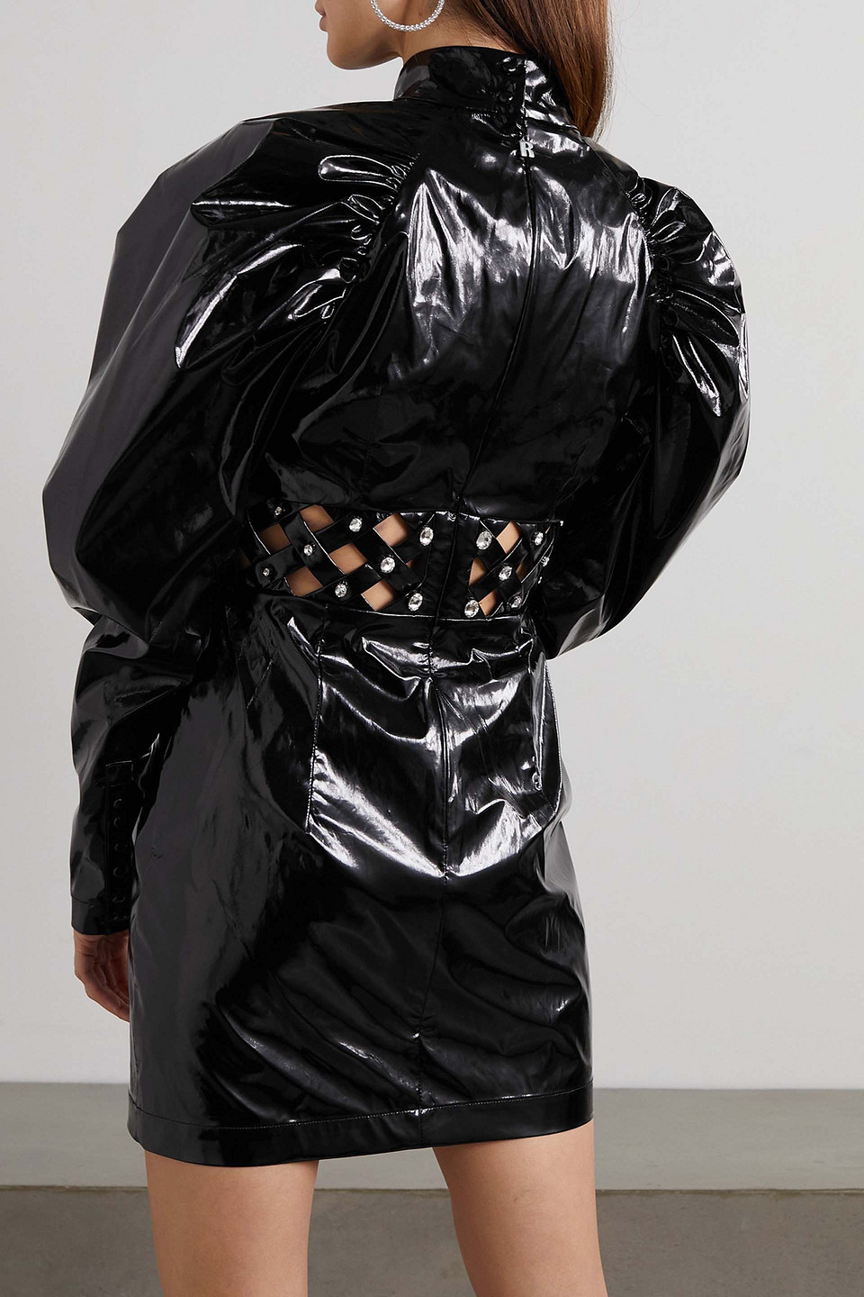 Rotate Birger Christensen Kimmy Crystal-embellished Cutout Vinyl Mini Dress In Black