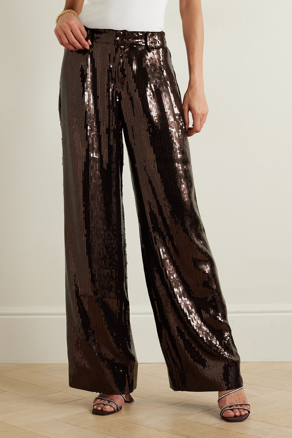 RETROFÉTE TRINITY SEQUINED CREPE WIDE-LEG PANTS