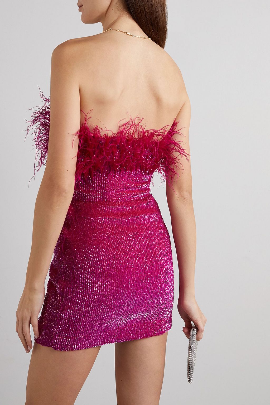 RETROFÊTE Torin trägerloses Minikleid aus Crêpe mit Pailletten und Federn