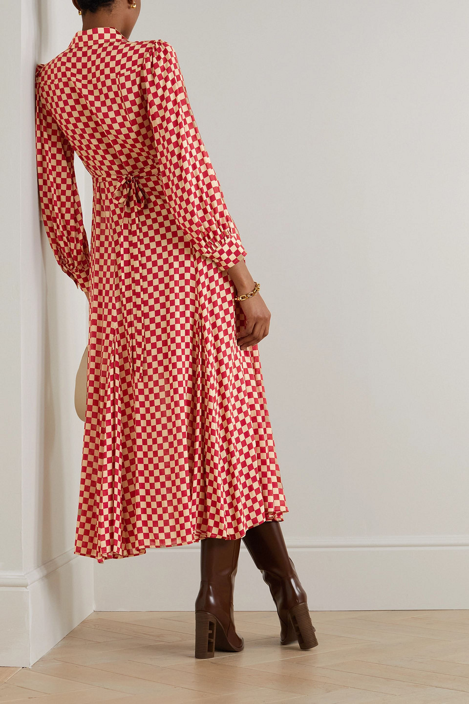 RIXO LONDON MADDISON CHECKED WOVEN MIDI SHIRT DRESS