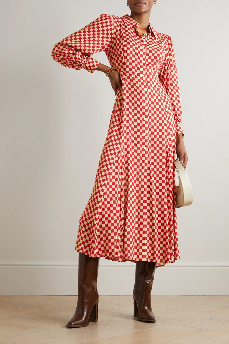 RIXO LONDON MADDISON CHECKED WOVEN MIDI SHIRT DRESS