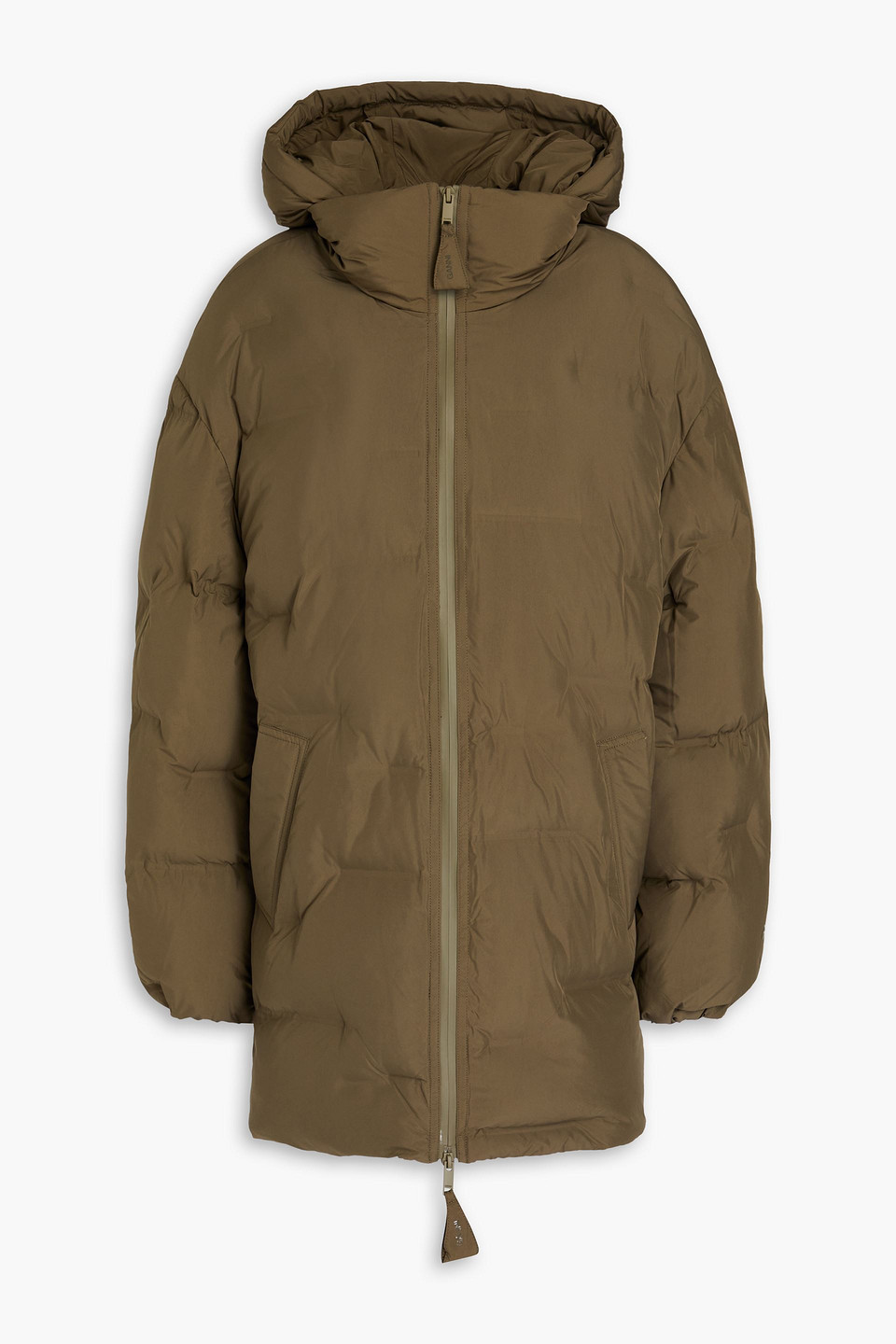 Shop Ganni Quilted Shell Hooded Jacket In Army Green