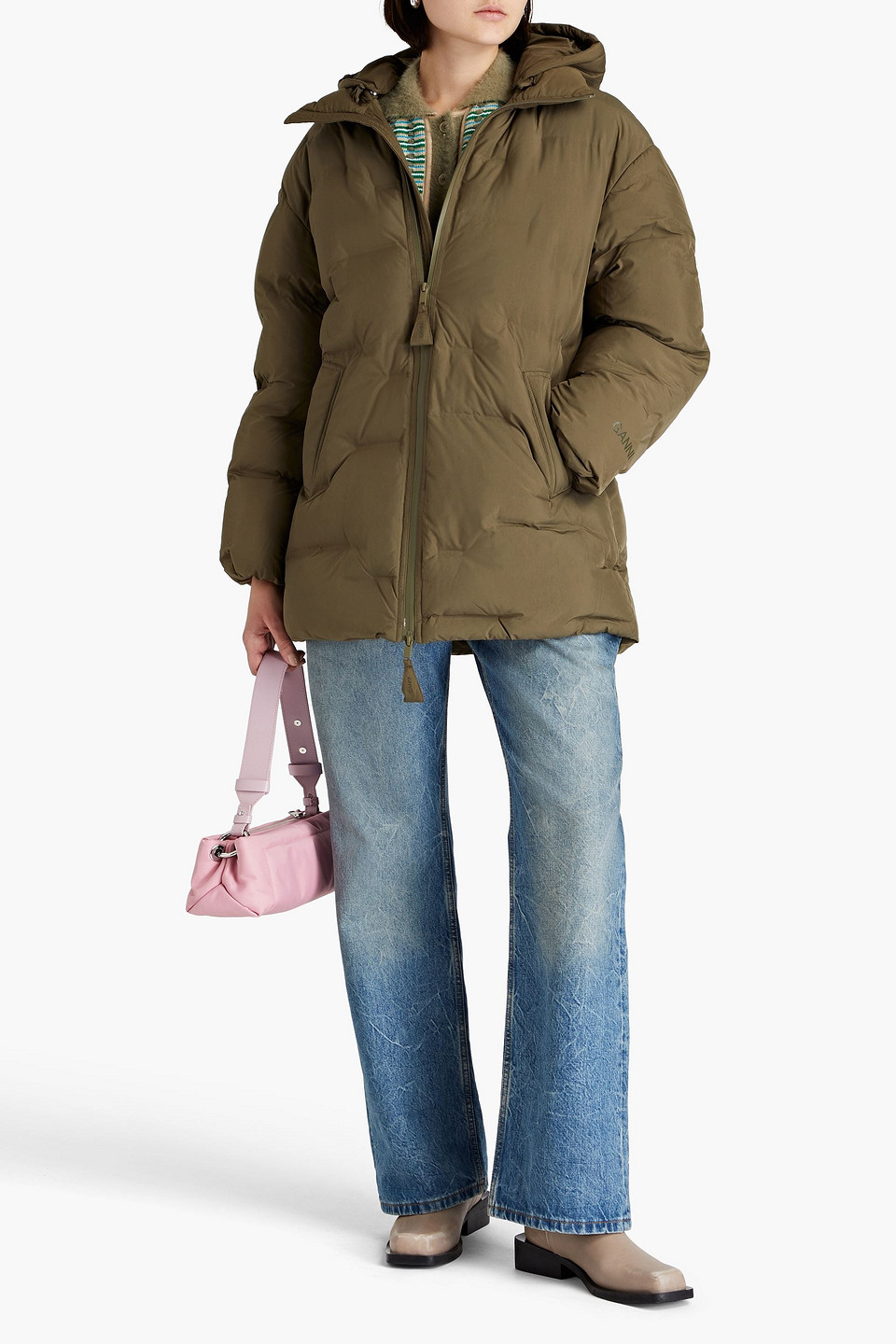 Shop Ganni Quilted Shell Hooded Jacket In Army Green